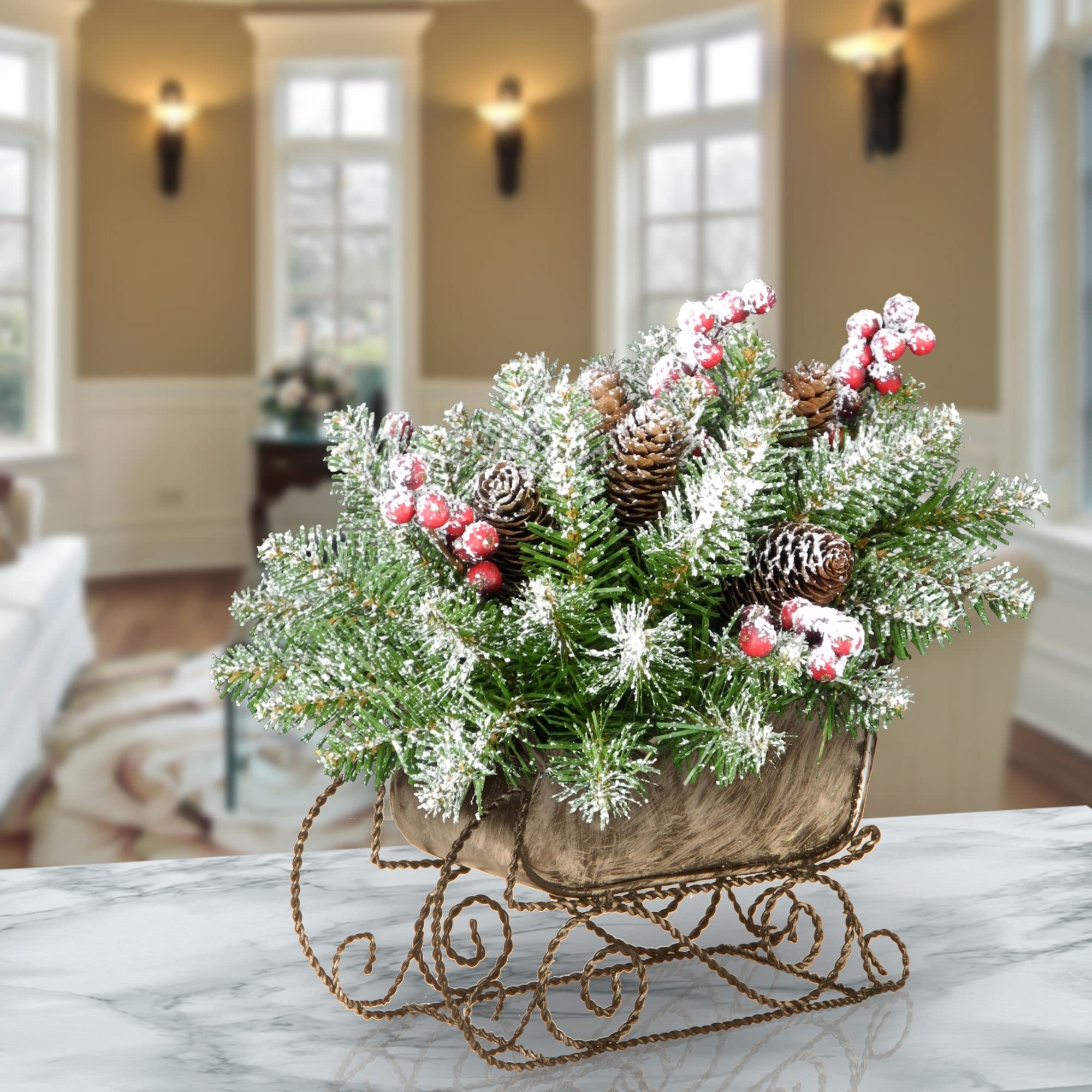 National Tree 10 Inch Dunhill Fir Sleigh with 6 Cones, 5 Red Berries and Snow (DUF3-800-10-1)