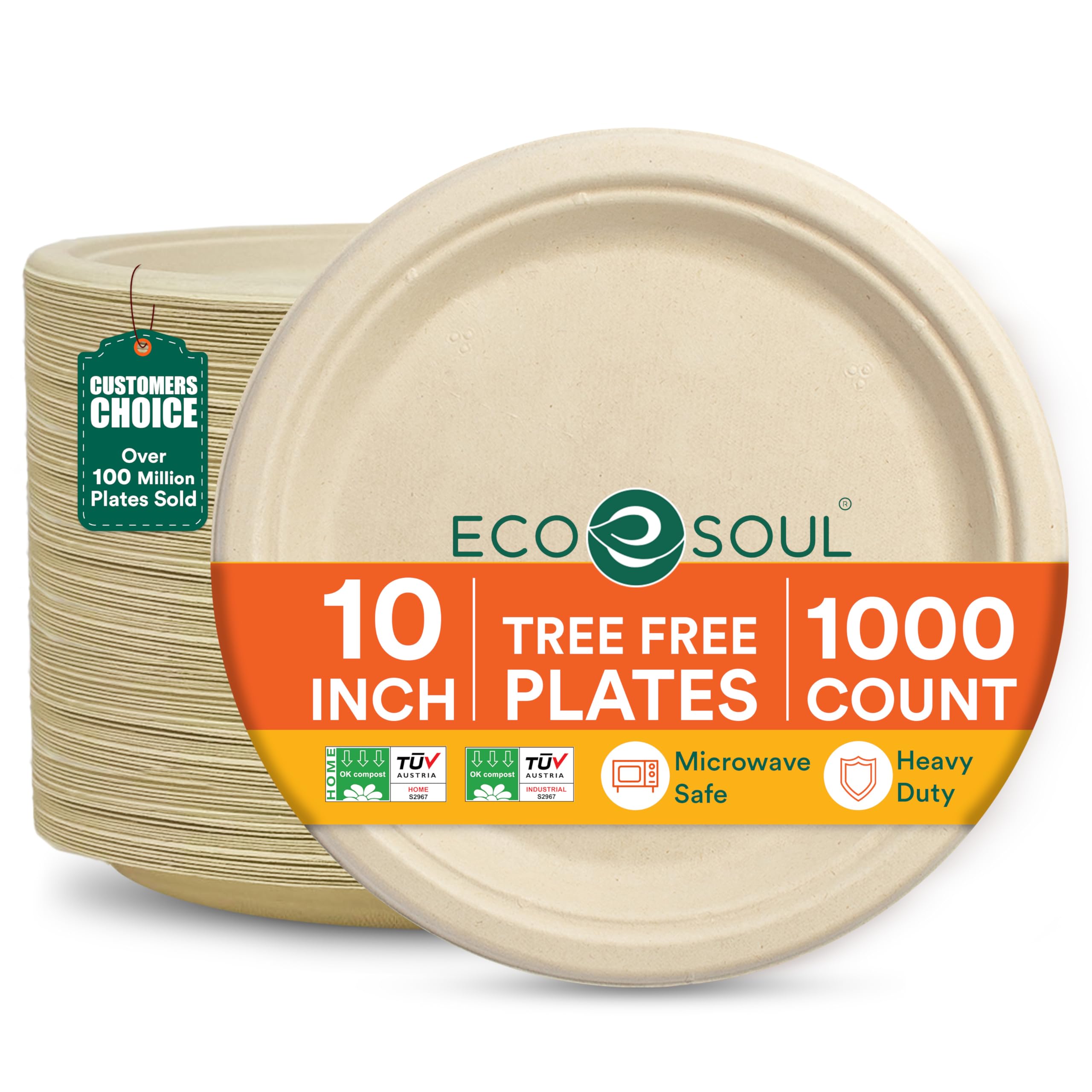 ECO SOUL Compostable Paper Plates 10 Inch, 1000 Pack - Heavy Duty Disposable Paper Plates, Biodegradable Sugarcane Bagasse, Dura