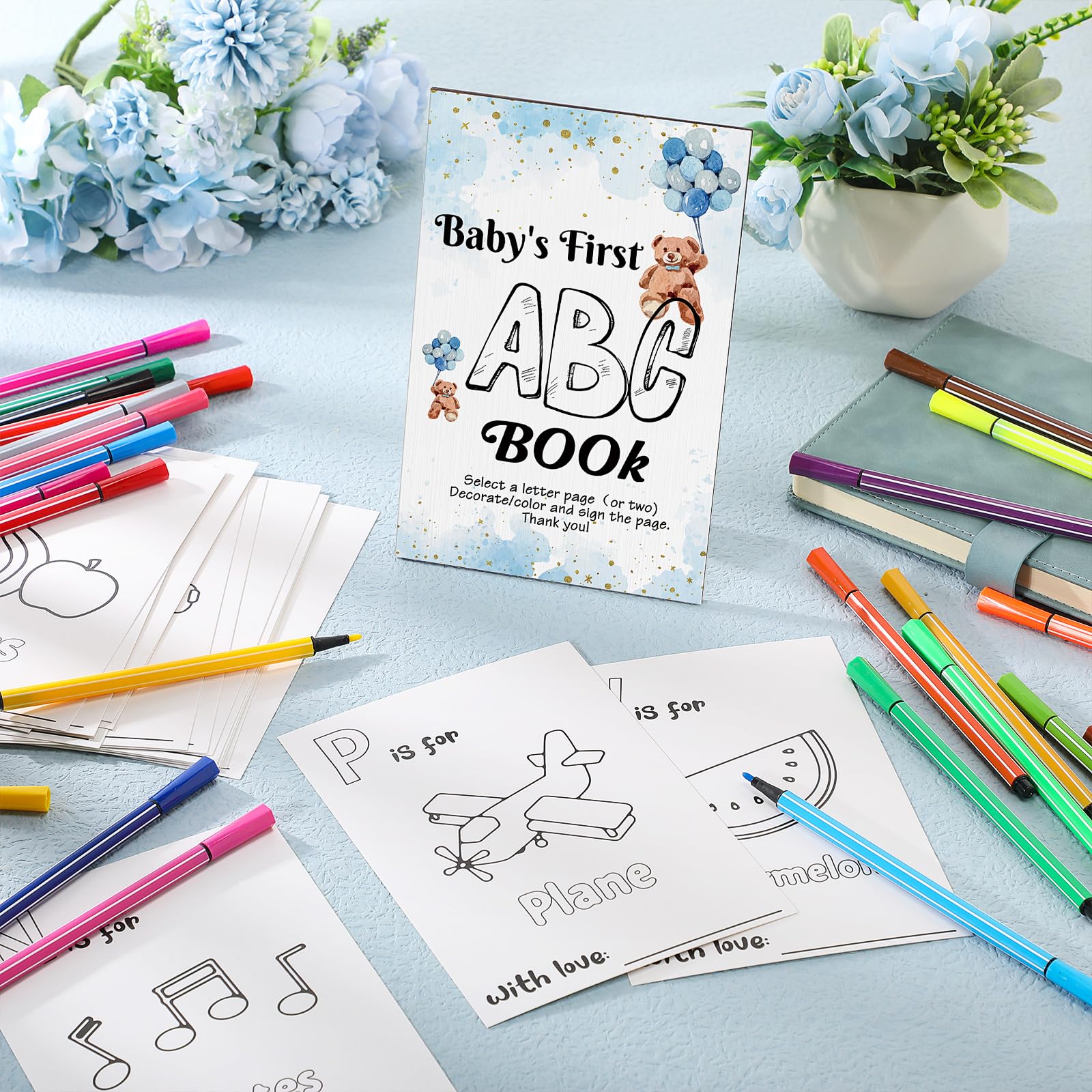 Geelin Fun Baby Shower Game Kid'S Abc Book Sign 26 Coloring Game Card Alphabet A To Z Coloring Card 24 Watercolor Pen For Baby S