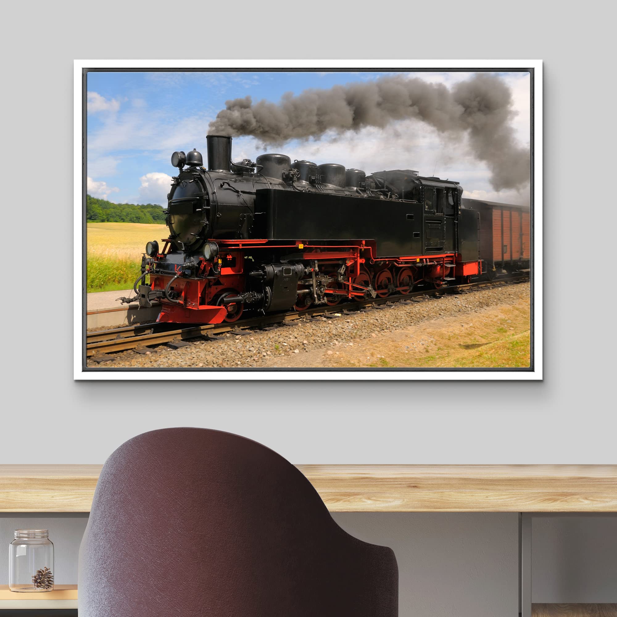 Steam Train With Black Smoke Running On Island Rugen Northern Germany - Framed Canvas Art Wall Art - 24''X36'' White