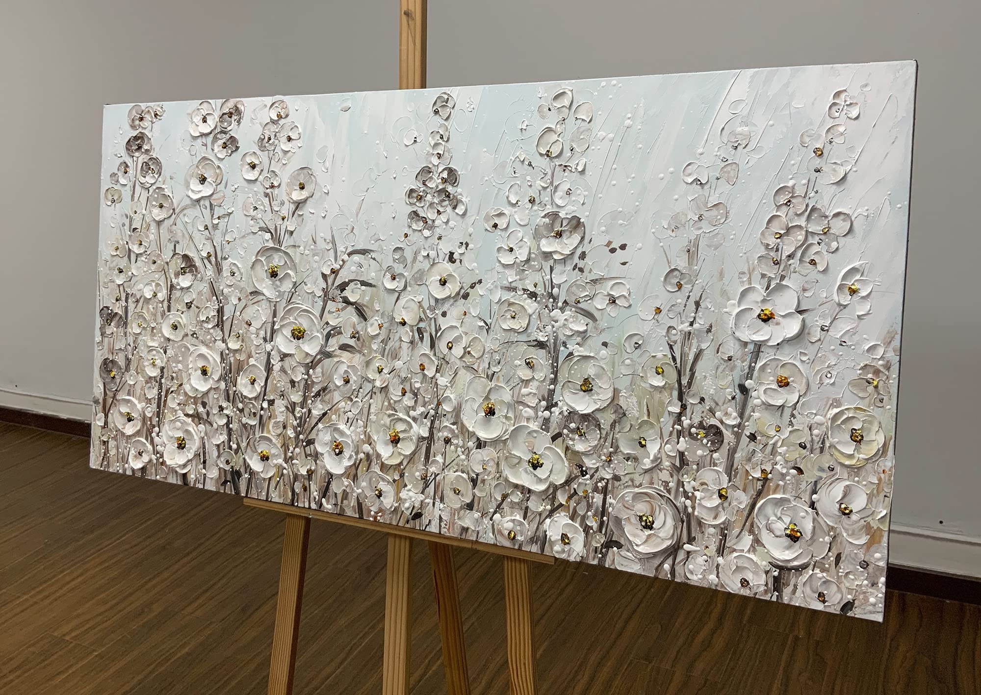 Yotree 24X48 Inch Wall Art Hand-Painted Framed White Flowers Oil Painting On Canvas Gallery Wrapped Modern Floral Artwork For Li