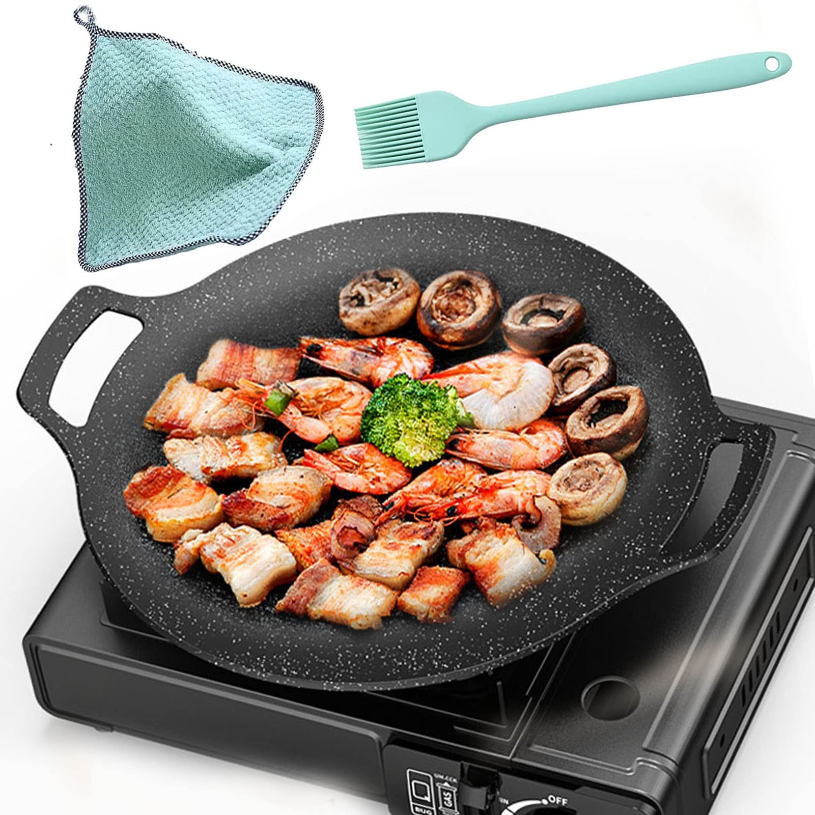 Rwoora Grill Pan,13 Inch Non-Stick Baking Pan+Brush+Dry Cloth,Barbecue Pot Outdoor Camping Grill Plate Fry Pan For Stove Tops &I