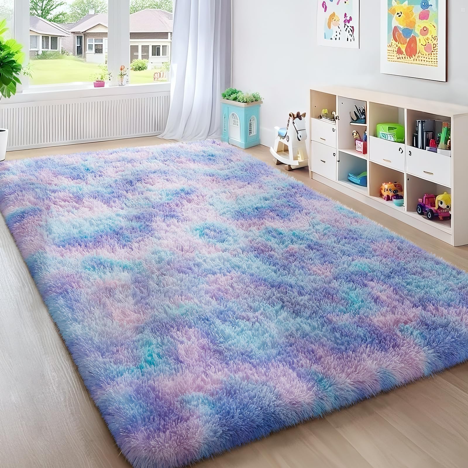Ophanie Rainbow Purple Mermaid Rugs for Living Room 5x8, Kids Fluffy Shag Fuzzy Plush Soft Carpets, Floor Shaggy Area Rugs for B