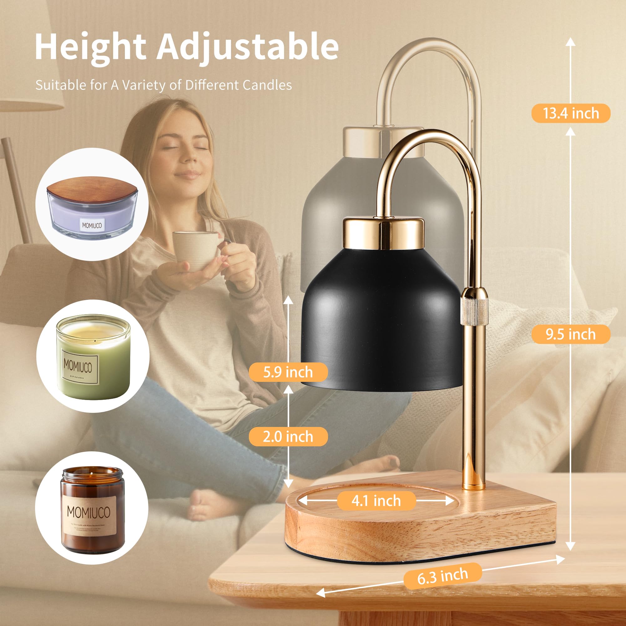 MOMIUCO Candle Warmer Lamp with Timer Dimmer, Adjustable Height, Black, 4.9 inches, Metal, Model MOMIUCO-CL1