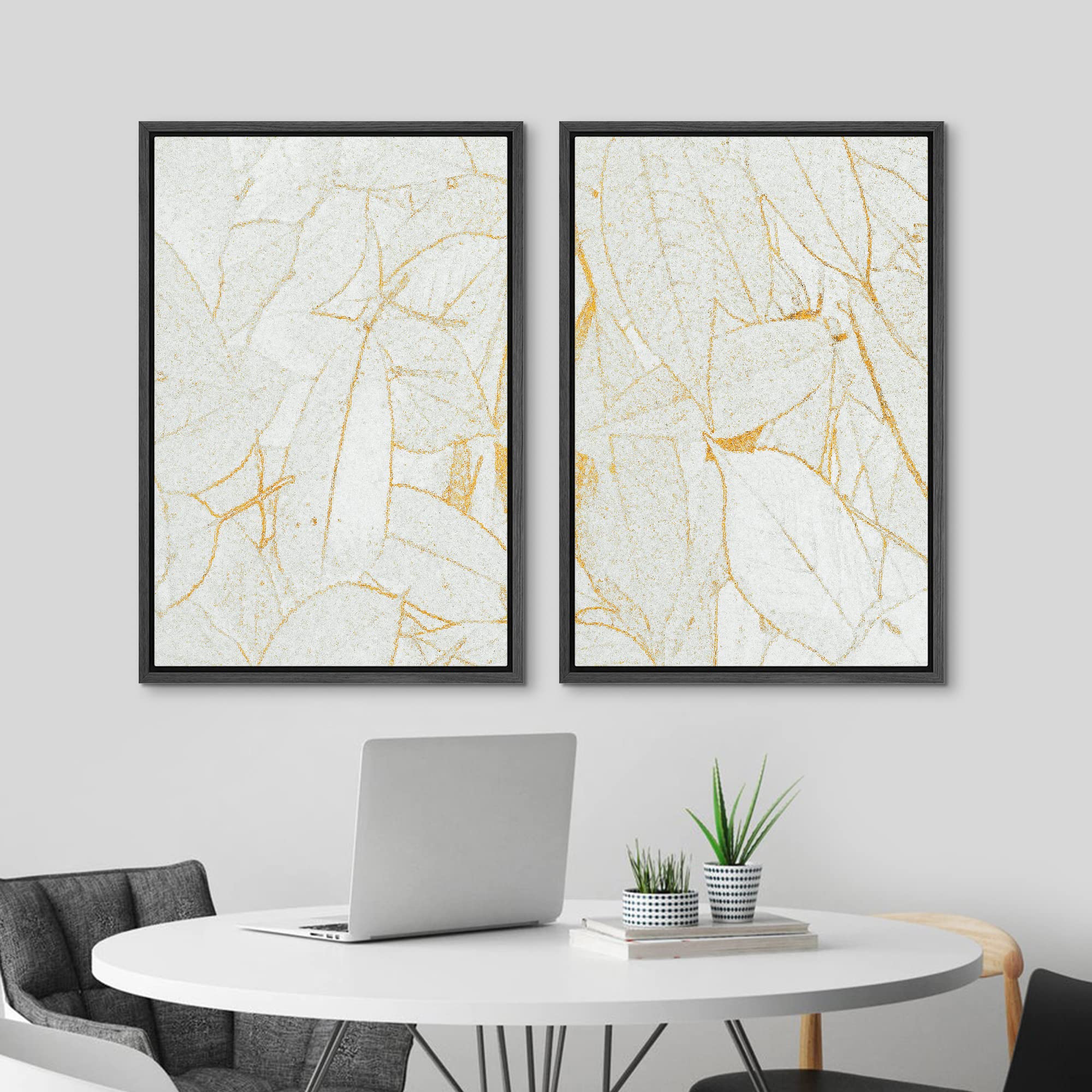 MUDECOR Framed Canvas Print Wall Art Gold & White Tropical Jungle Leaves Wilderness Nature Illustrations Modern Art Decorative Calm/Relax Multicolor Rustic Minimal for Bedroom - 16''x24''x2 Black