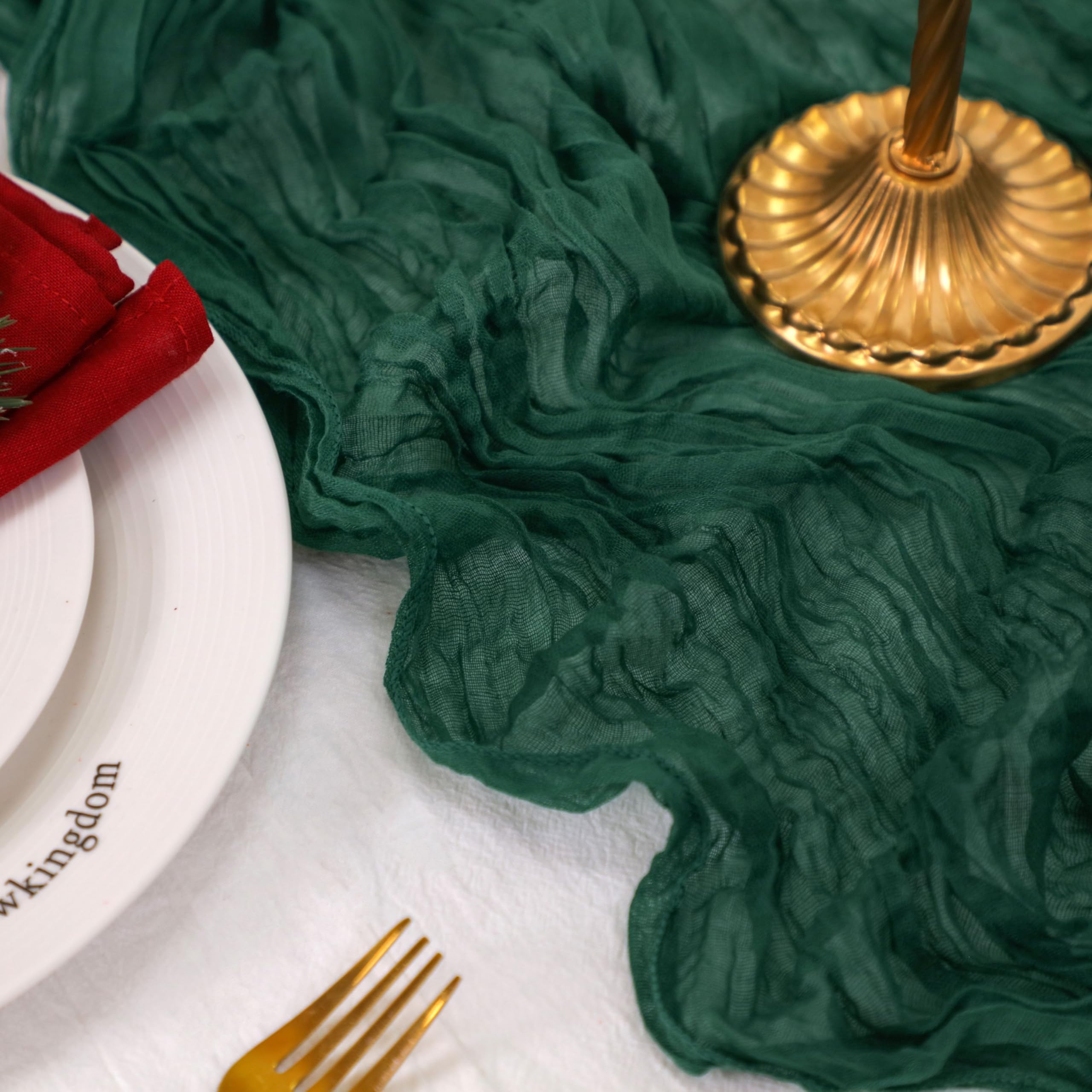 Snowkingdom 6 PCS Emerald Green Table Runner 120 Inch 10 Ft Rustic Boho Dark Green Cheese Cloth Runner for Wedding Bridal Baby S