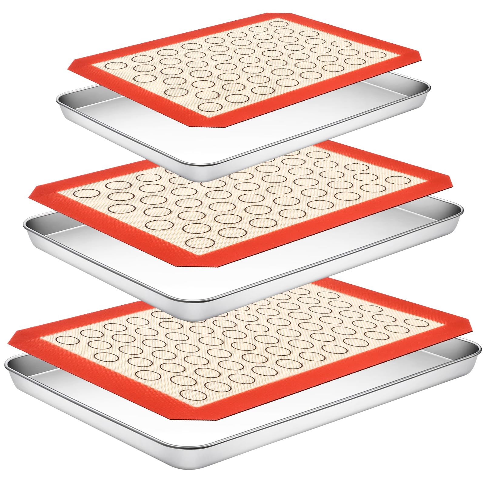 Baking Sheet with Silicone Baking Mat Set,CEKEE Stainless Steel Baking Sheet Pan Tray, Cookie Sheets for Baking, 6PCS Baking Sup