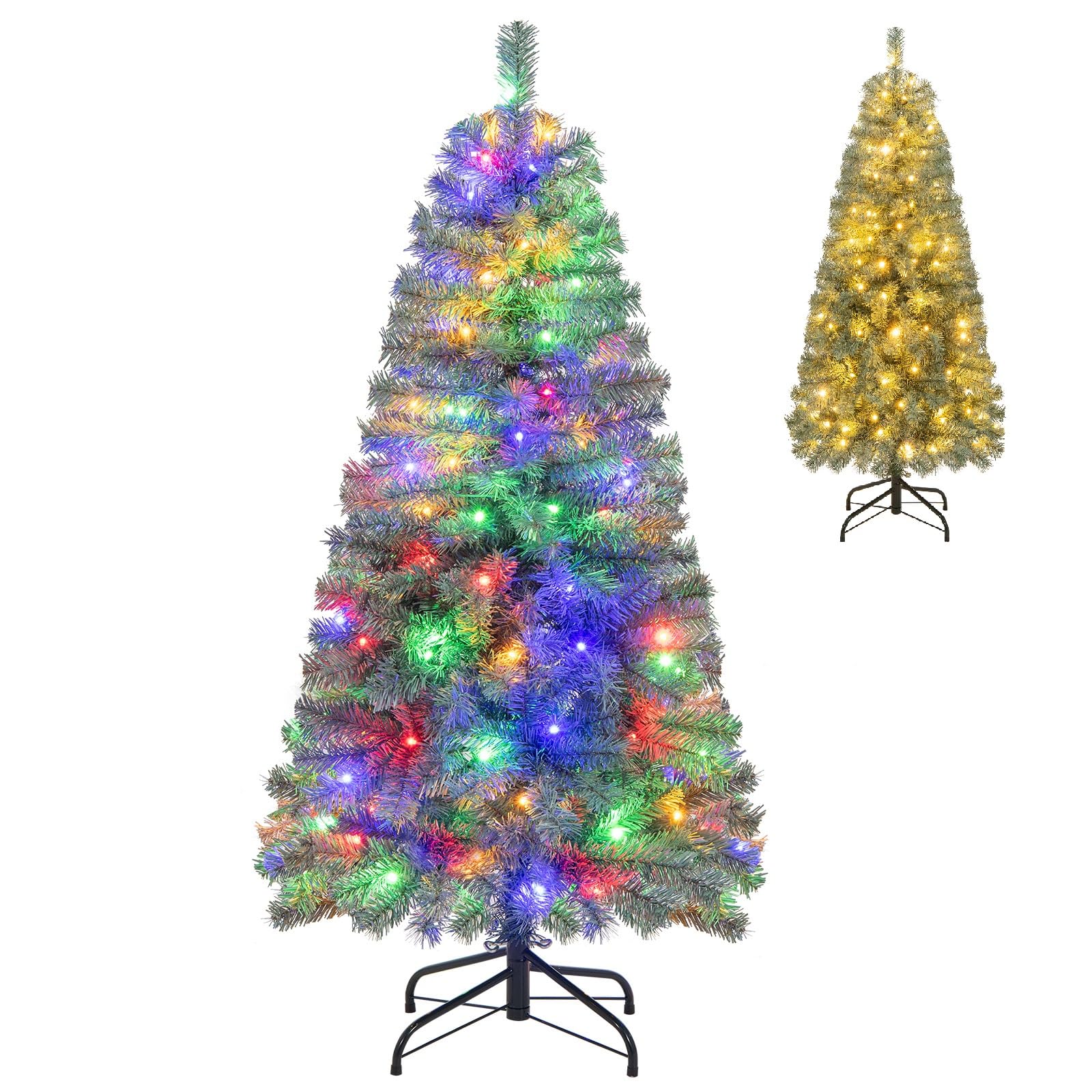 GOFLAME 4.5FT Pre-Lit Pencil Christmas Tree, Hinged Artificial Xmas Tree with 256 Branch Tips, 100 LED Lights, 9 Lighting Modes 