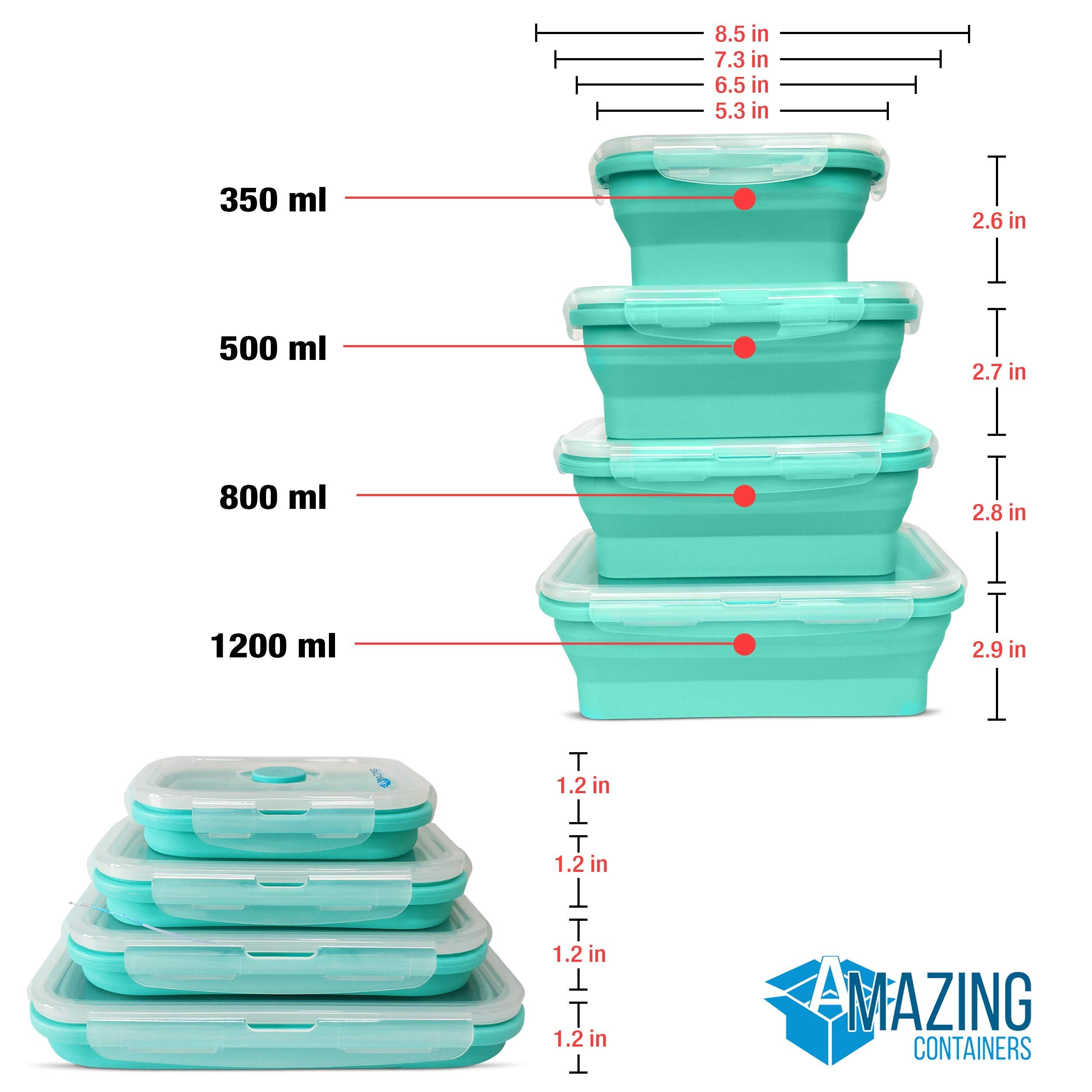 Amazing Containers Collapsible Silicone Food Storage Container Set Of 4 With Lids | Stackable | Microwaveable | Freezer, Dishwas