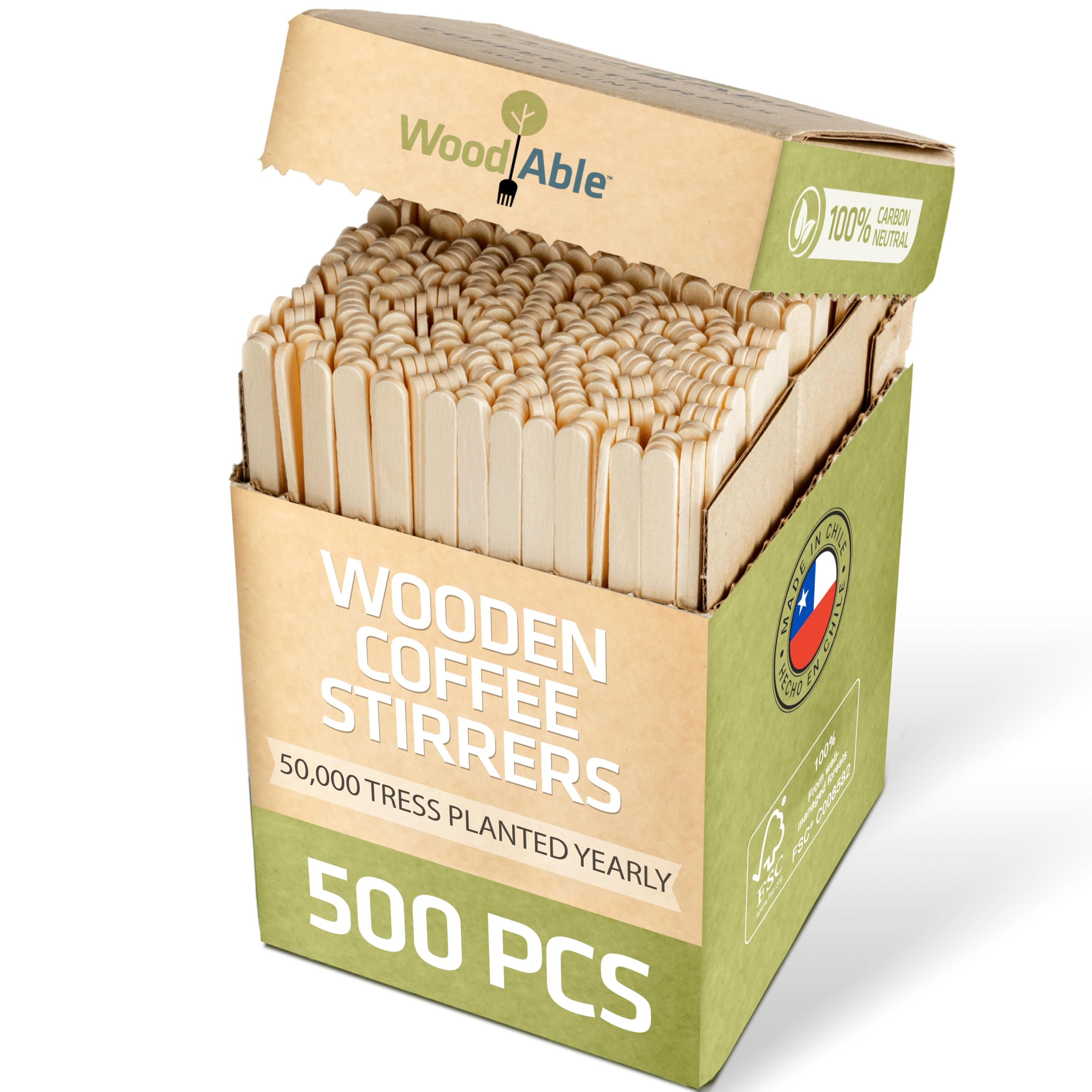 Woodable 5.5 Inch Wooden Coffee Stirrers, 500 Count, Disposable & Compostable Wood Coffee Stick Stirrers | Eco-Friendly, Sustain
