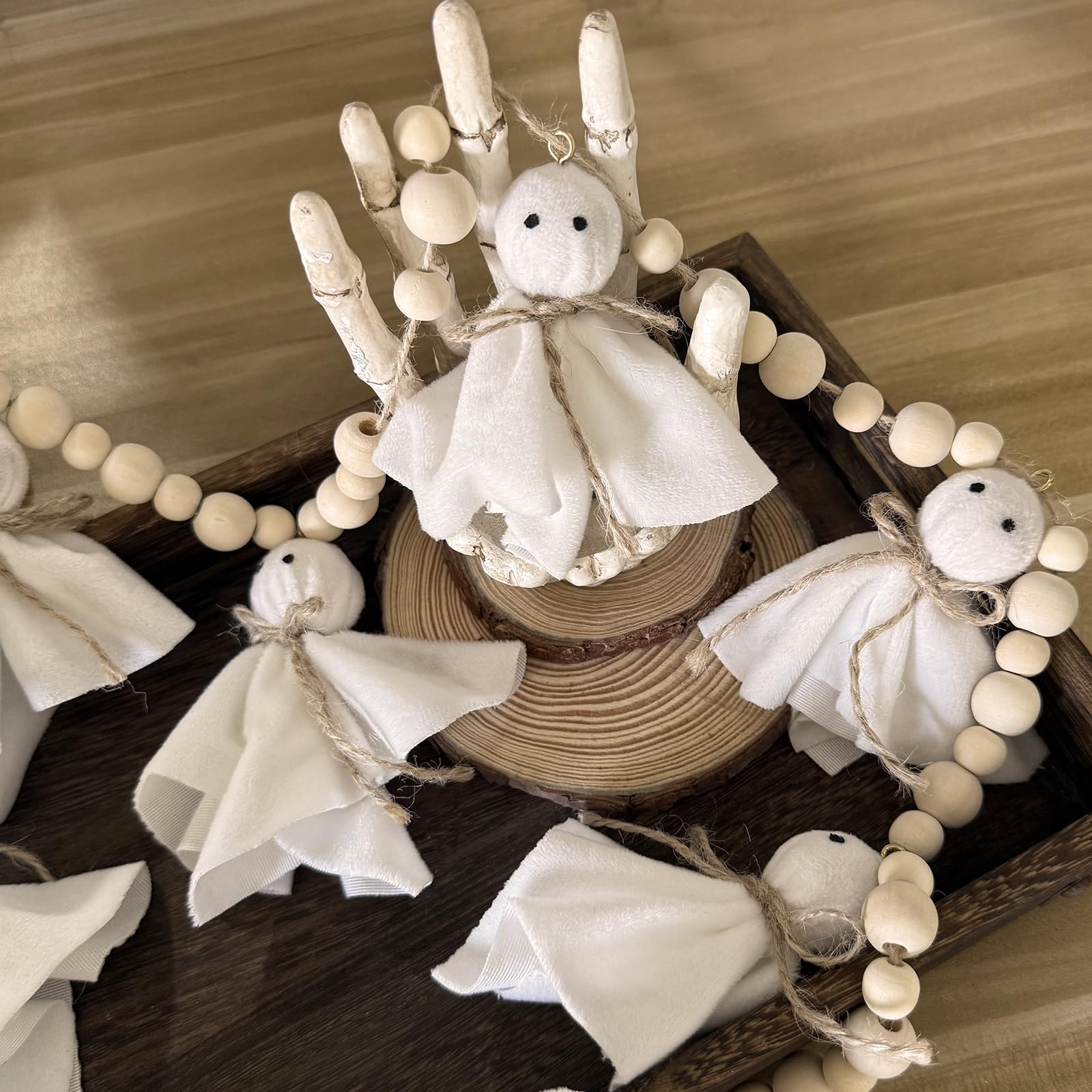 7.2 FT Halloween Garland Ghost Decorations, Adjustable Hanging Cute Ghost Garland Mantel Decor, Handmade Wooden Beads Halloween