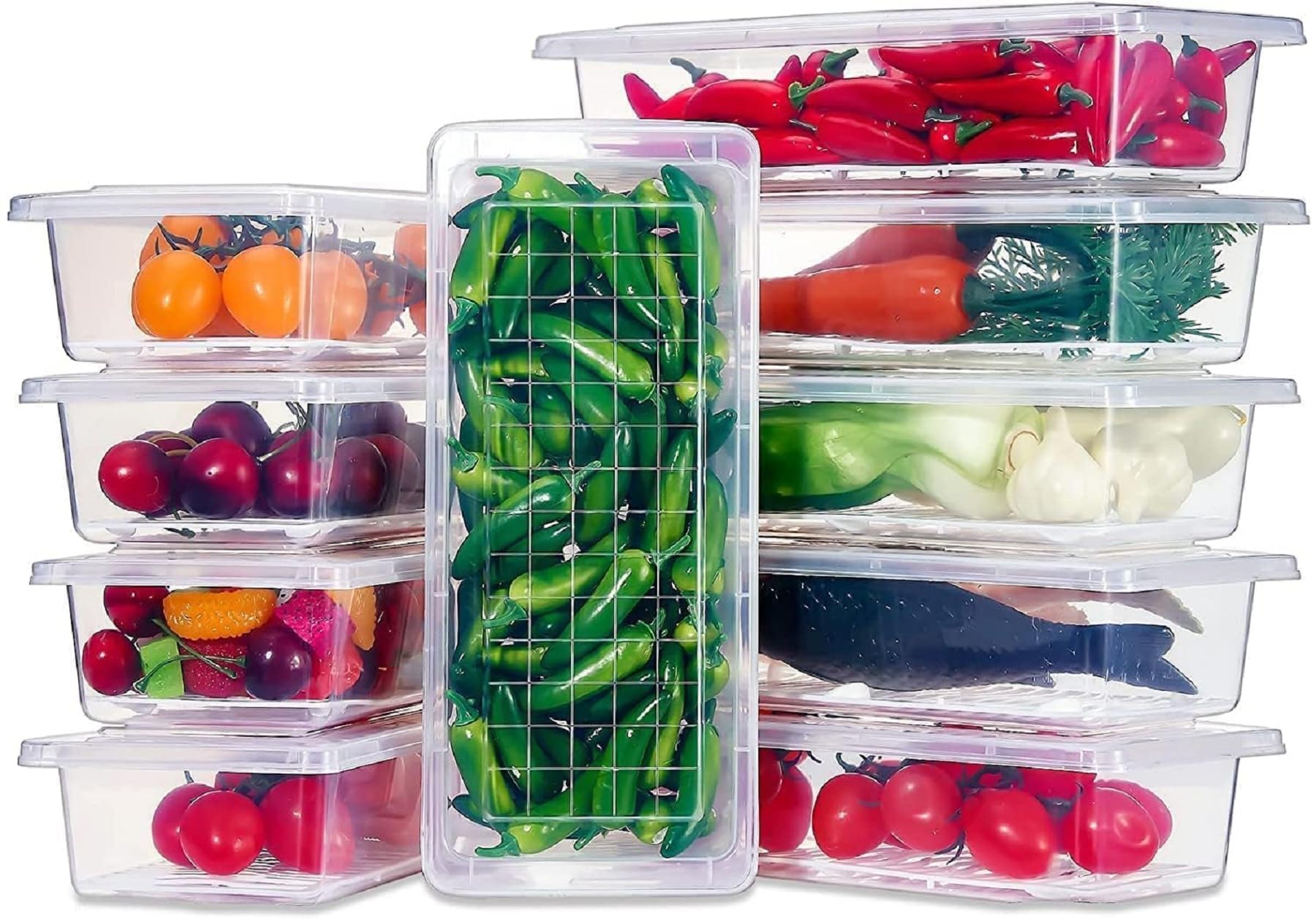 Jannyro 6 Pcs Fridge Storage Boxes Refrigerator Organizer Box Set With Removable Drain Plate Tray Freezer Organiser Containers F