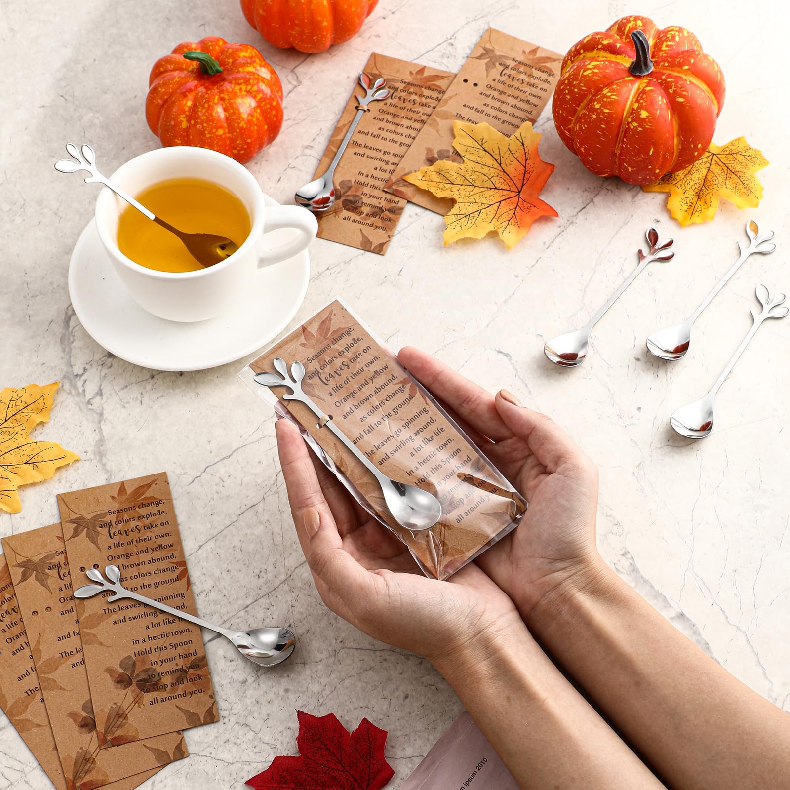 Nuogo 30 Sets Thanksgiving Tea Party Favors Tea Spoons Fall Leaf Coffee Dessert Spoons Bulk Autumn Harvest Bridal Shower Favor W