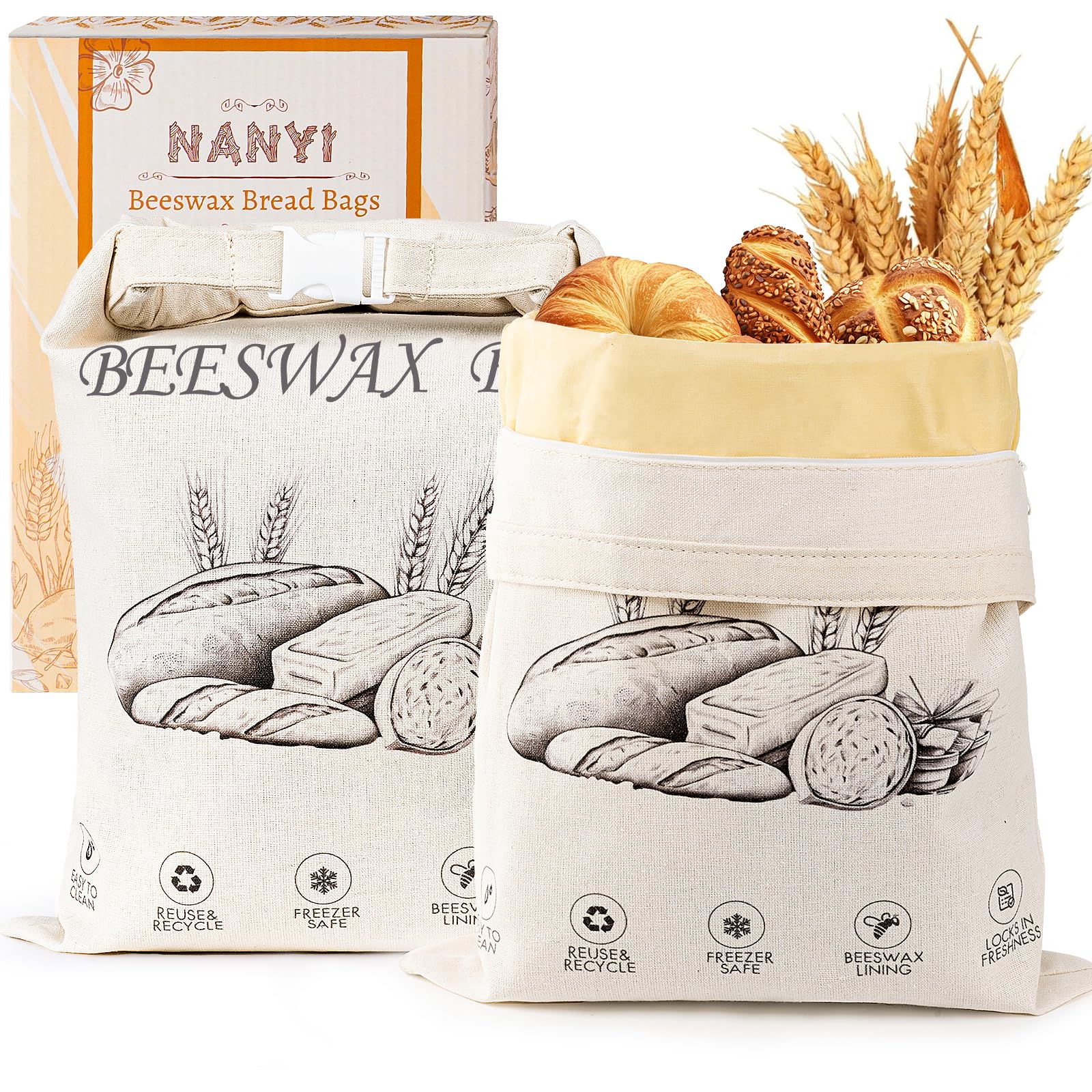 2-Pack Reusable Beeswax Bread Bags for Sourdough & Homemade Bread