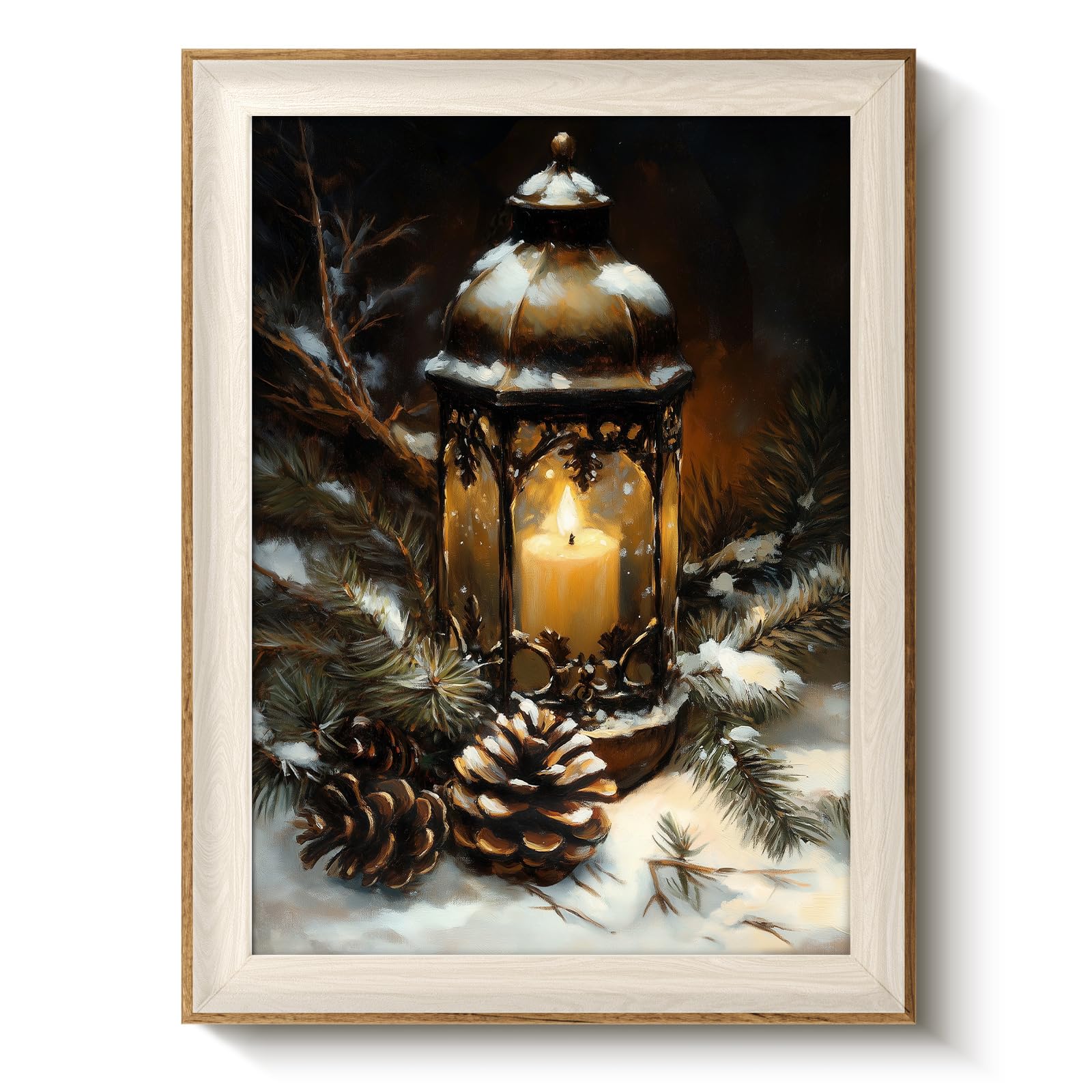 Viyyiea Winter Framed Wall Art For Living Room, Oil Lamp Canvas Prints, Oil Painting Home Decor, Christmas Picture, Bathroom Wal