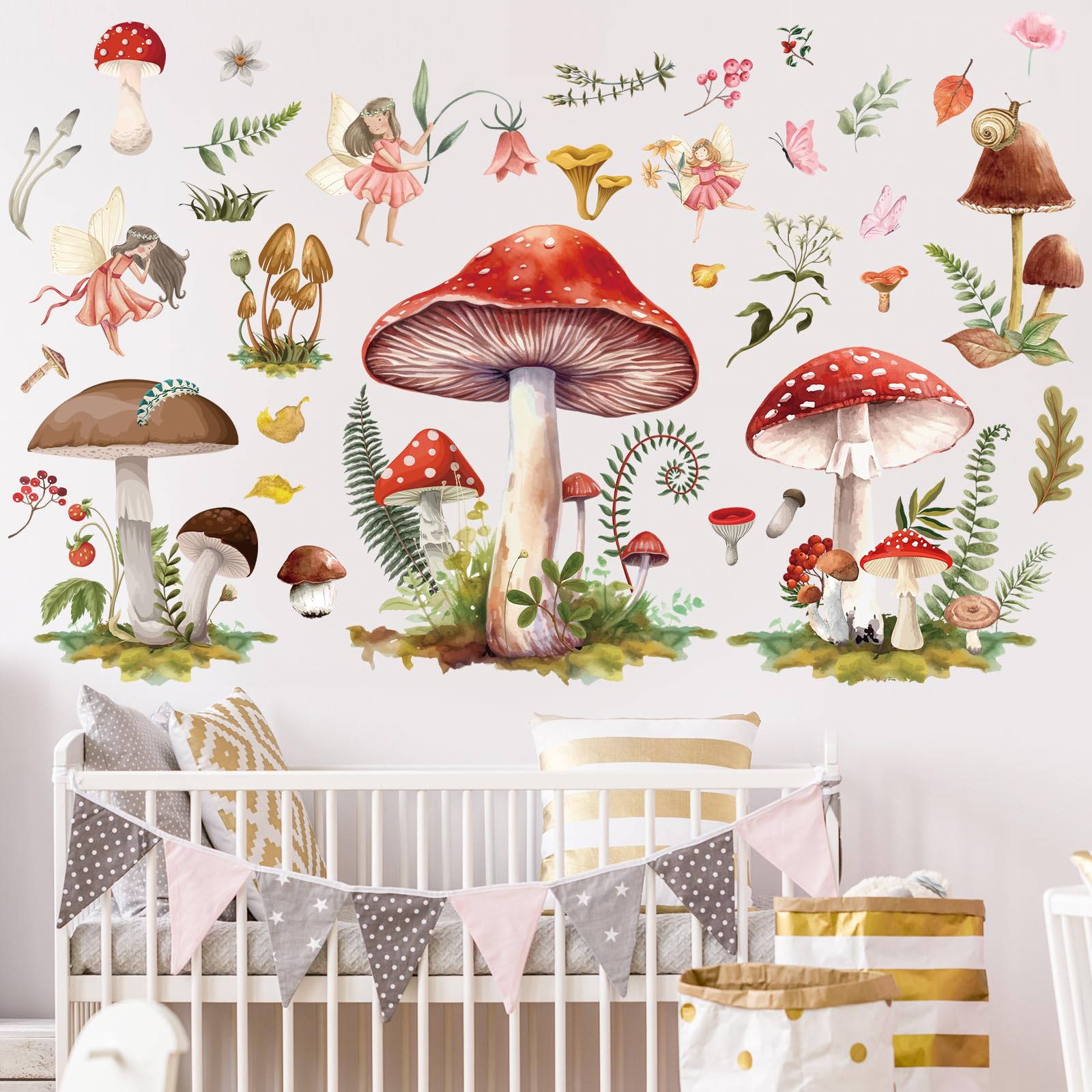 Wxiben Fairy Wall Stickers Decor - Mushroom Wall Decals Flower Wall Sticker Removable Floral Wall Murals Peel And Stick For Girl