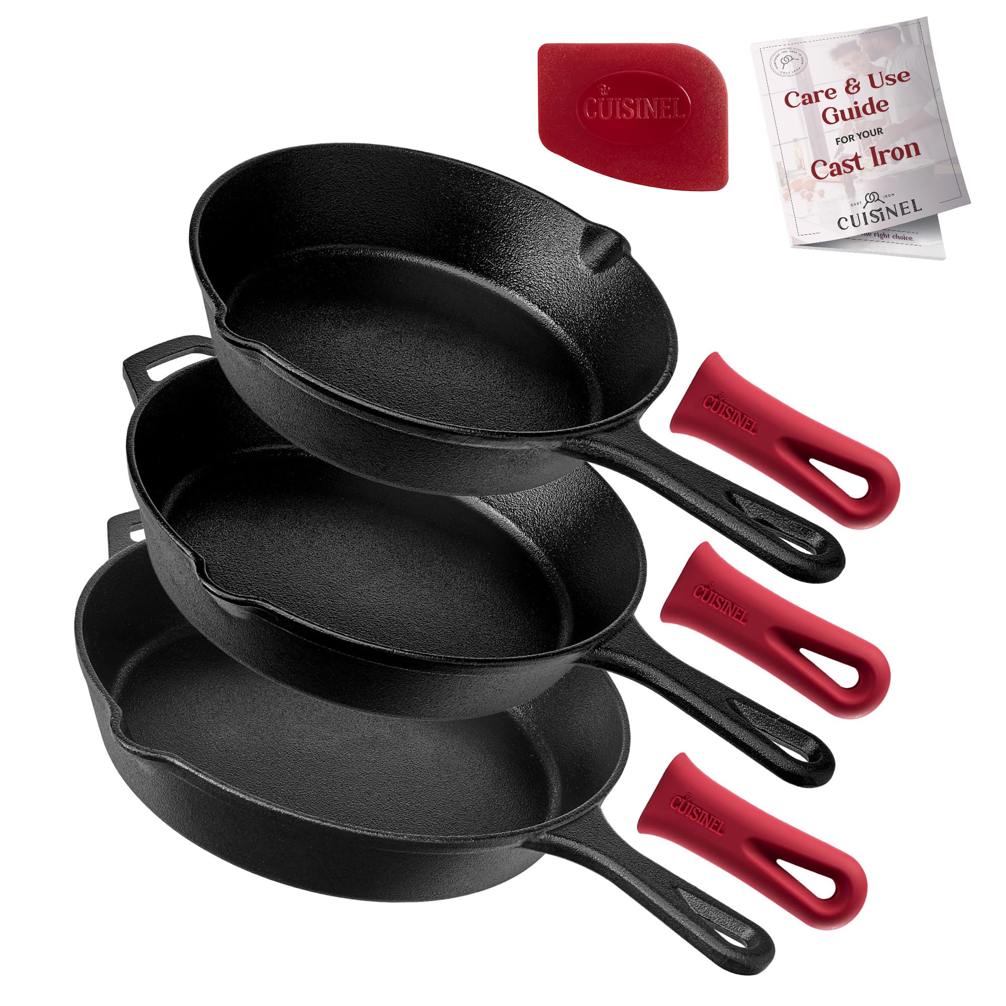 Cuisinel Cast Iron Skillet Set - 8 + 10 + 12-Inch Pre-Seasoned Frying Pans + Silicone Handle Grip Covers - Indooroutdoor, Oven,