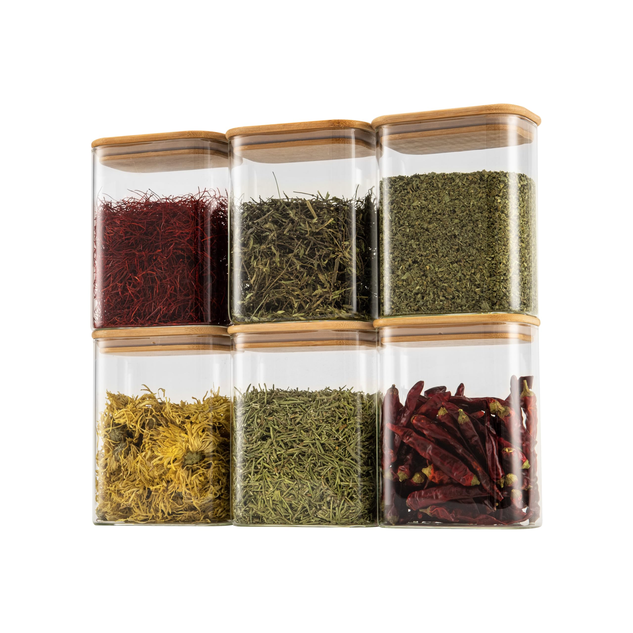 D2scrma 37oz Rectangle Airtight Glass Storage Containers with Bamboo Lids (Set of 6), Square Food Storage Jar, Pantry Organizers