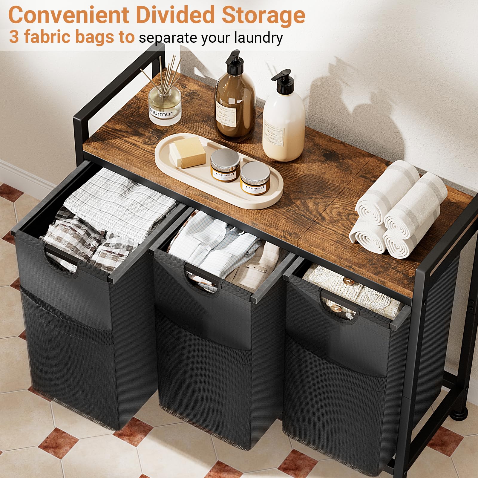 Lulive Laundry Hamper, Laundry Basket Organizer With 3 Pull-Out Removable Bags & Large Top Shelf, 3    12.5 Gal (142L) Freestand