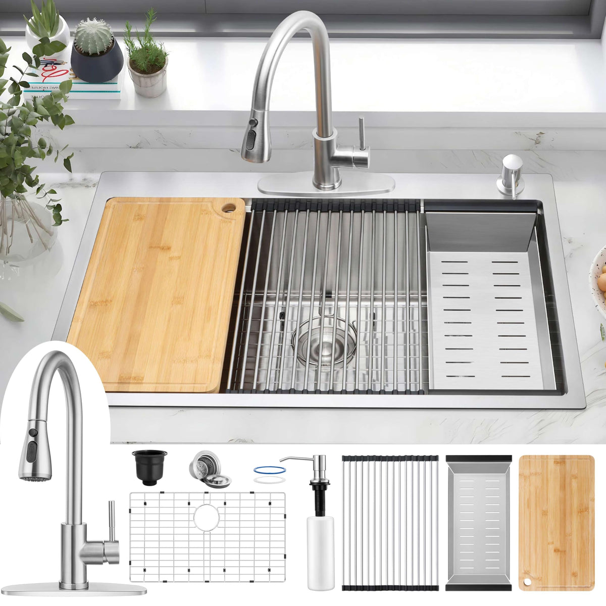 Herogo 33X22Inch Drop In Kitchen Sink With Kitchen Faucet, 18/10 Stainless Steel Single Bowl Kitchen Workstaion Sink, Topmount H