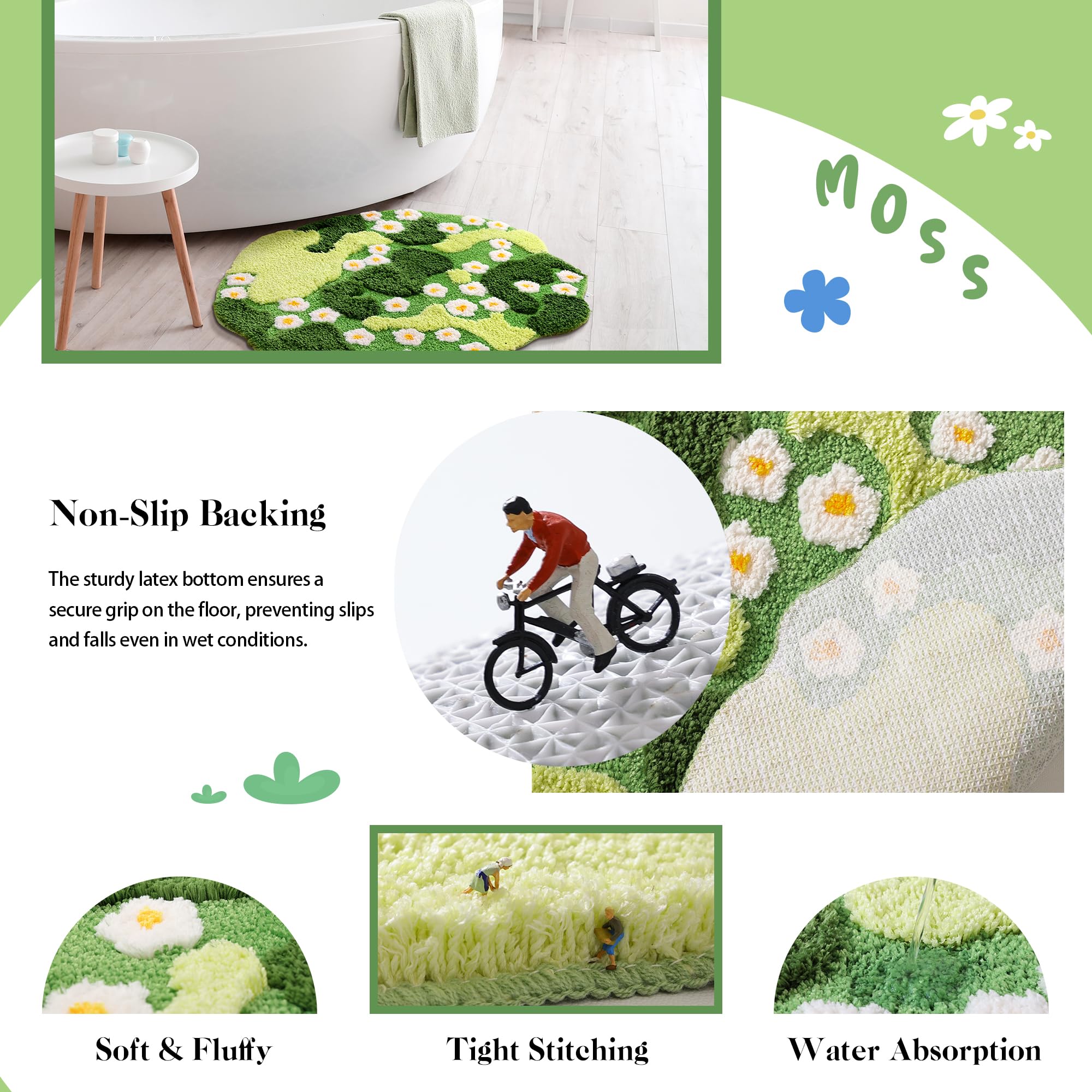 Yikush Moss Bath Mat Green Bathroom Rug With Small White Flowers Non Slip Door Mat For Bedroom And Kitchen Soft Washable Rug Flo