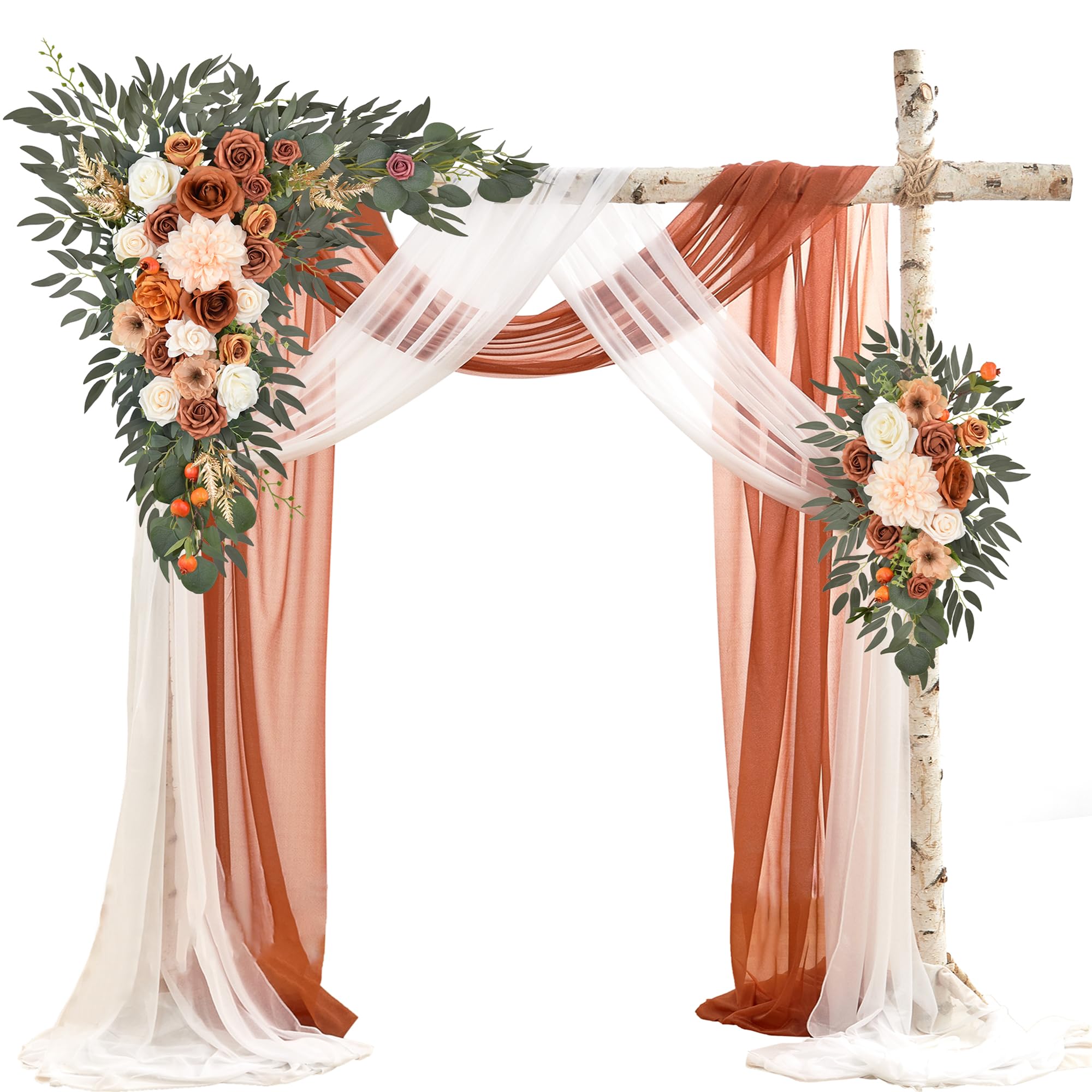 WEDFLOR Wedding Arch Flowers with Drapes Kit (Pack of 4) - 2pcs Artificial Terracotta Deluxe Swag with 2pcs Sheer Drapes for Wed