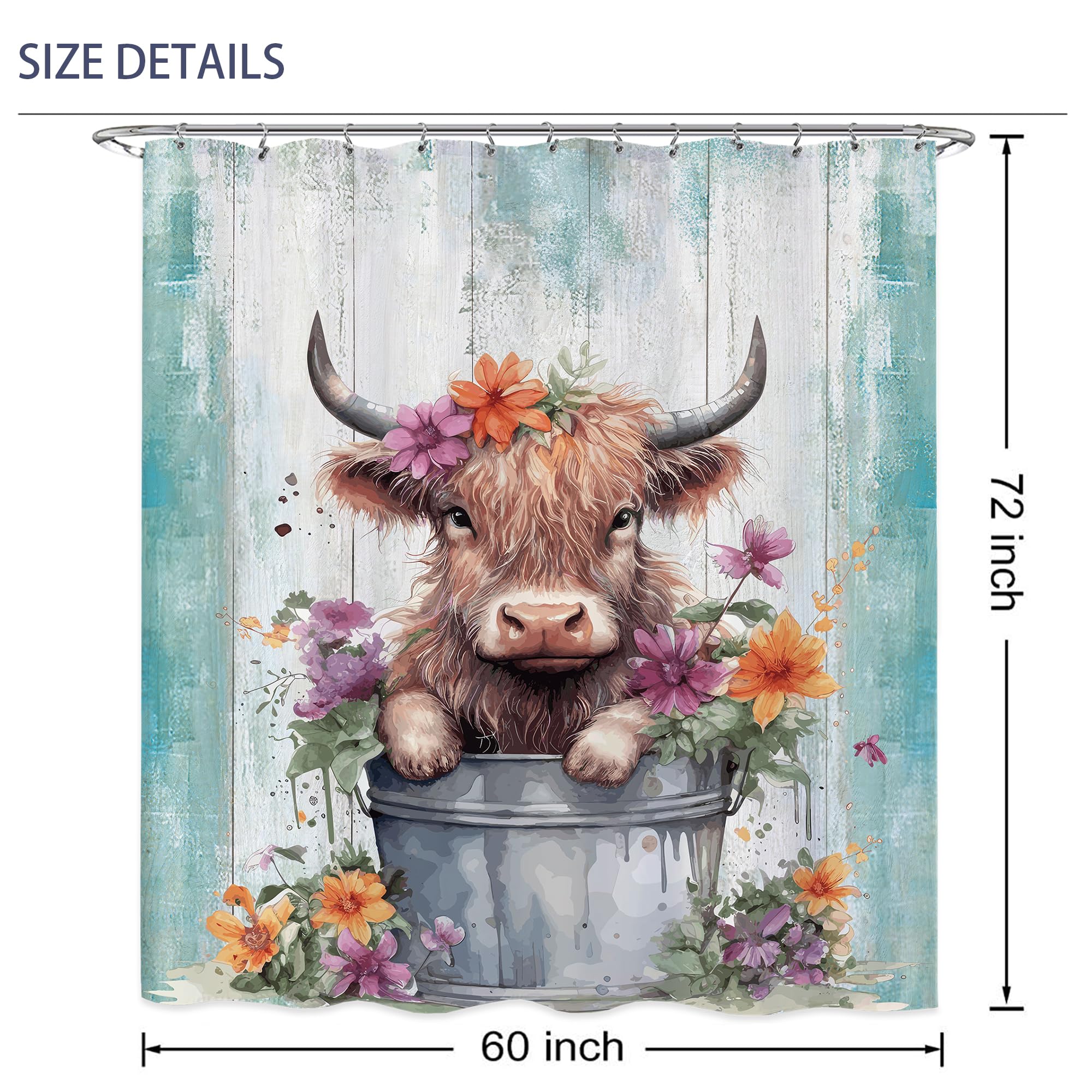 Laifzere Cute Baby Highland Cow Shower Curtain Farmhouse Teal Wooden Shower Curtain For Bathroom Set Funny Cattle Rustic Animal