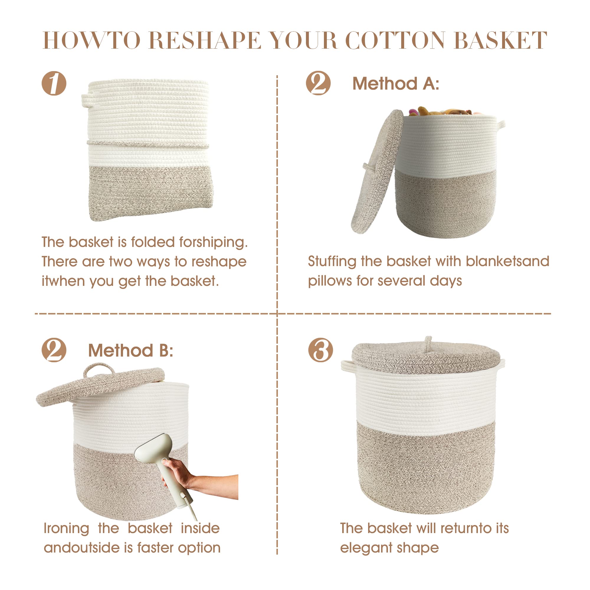 Large Storage Basket With Lid 60L, 16Wx18H Woven Laundry Hamper Basket With Handle, Room Decor Cotton Rope Wicker Basket Toy Org