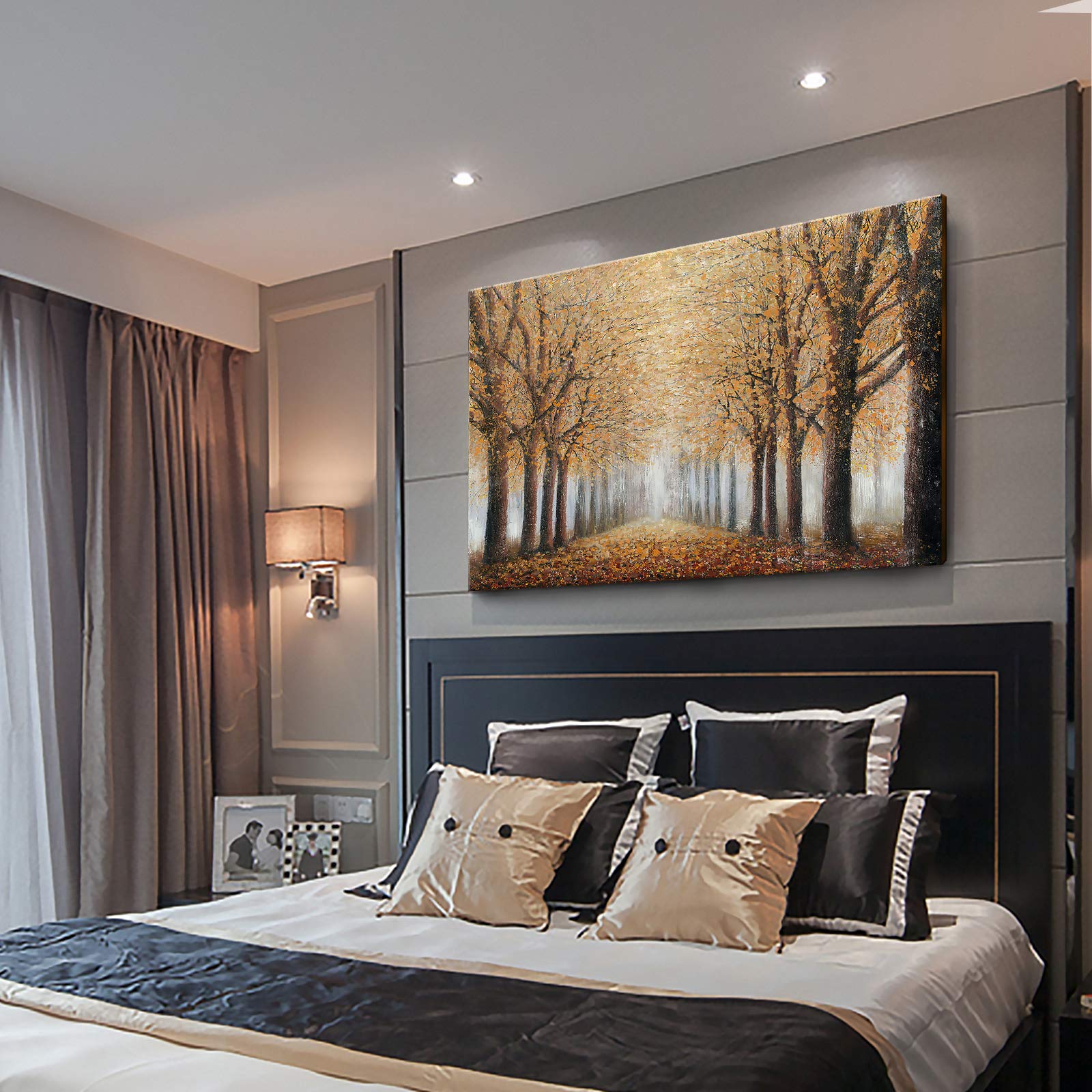 Large Tree Wall Art for Living Room Hand-Painted Forest Oil Painting Framed Yellow Grove Artwork Autumn Landscape Canvas Picture for Living Room Bedroom Home Decorations Wall Decor Large 48''x32''