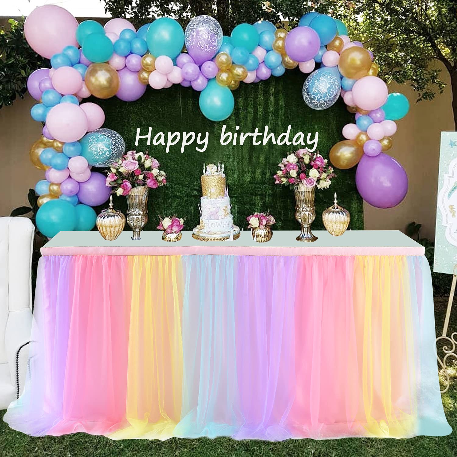 Suppromo Rainbow Table Skirt For Birthday Party 6Ft Unicorn Tulle Tutu Table Skirt For Baby Shower Girl Boy Gender Reveal Rainbo
