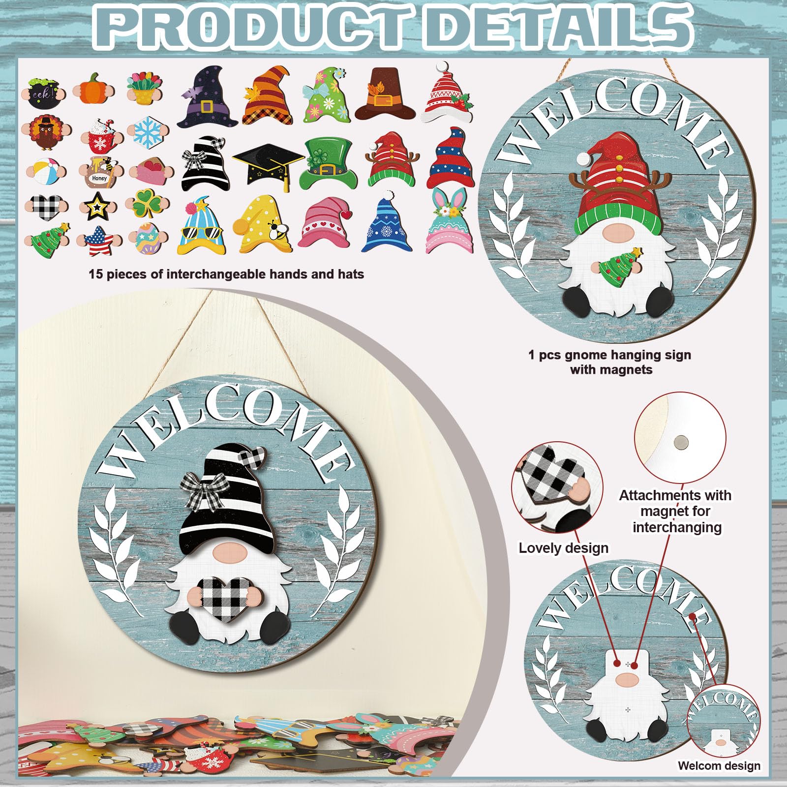 Qunclay Interchangeable Wooden Gnome Decor Holiday Seasonal Gnome Decorations with Magnet Pieces and Detachable Hats Changeable