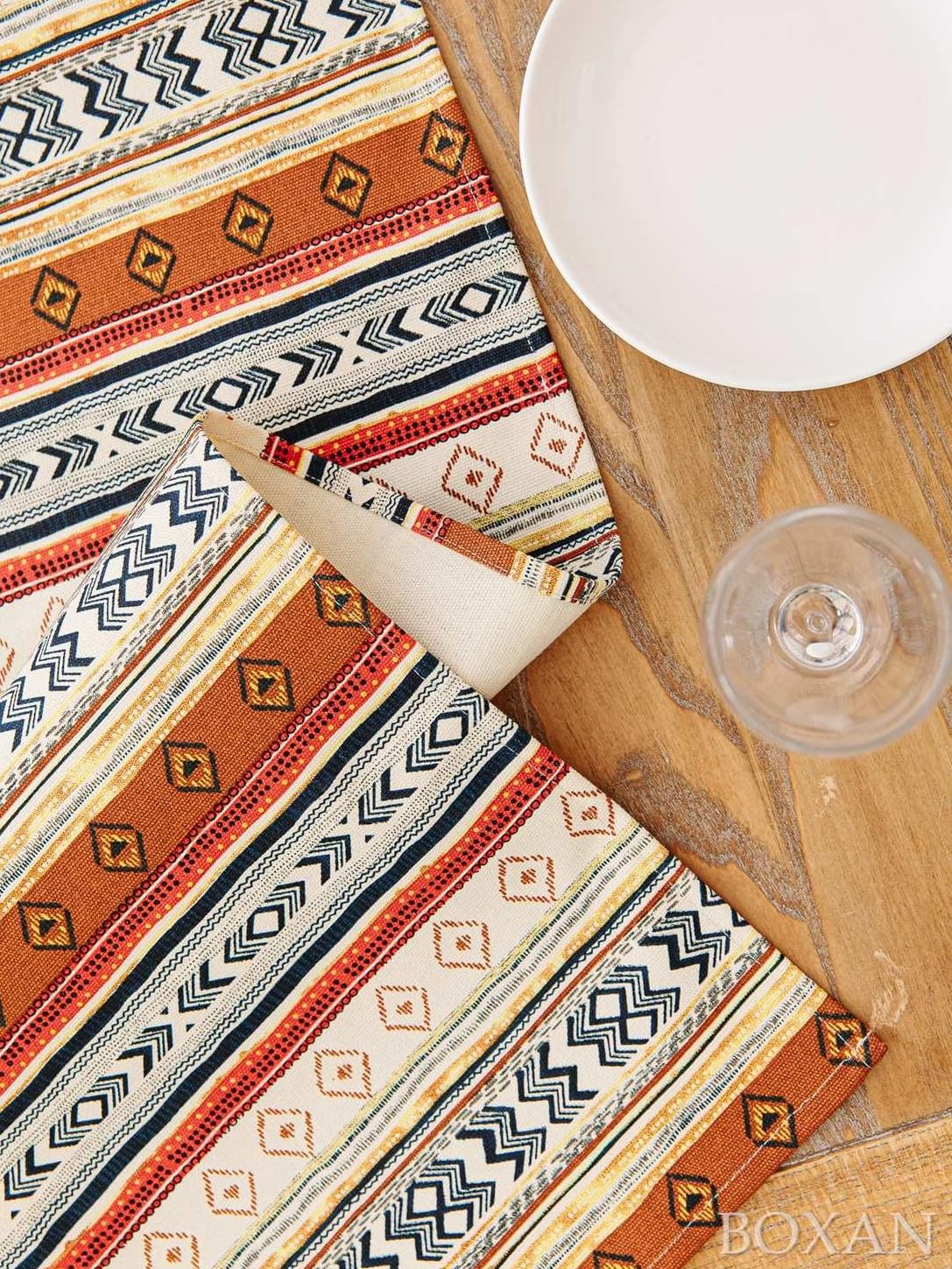 Boxan Antique Southwestern Native Design Table Runner Cloth, Boho Cotton Geometric Striped Pattern Tribal Table Cover For Farmho