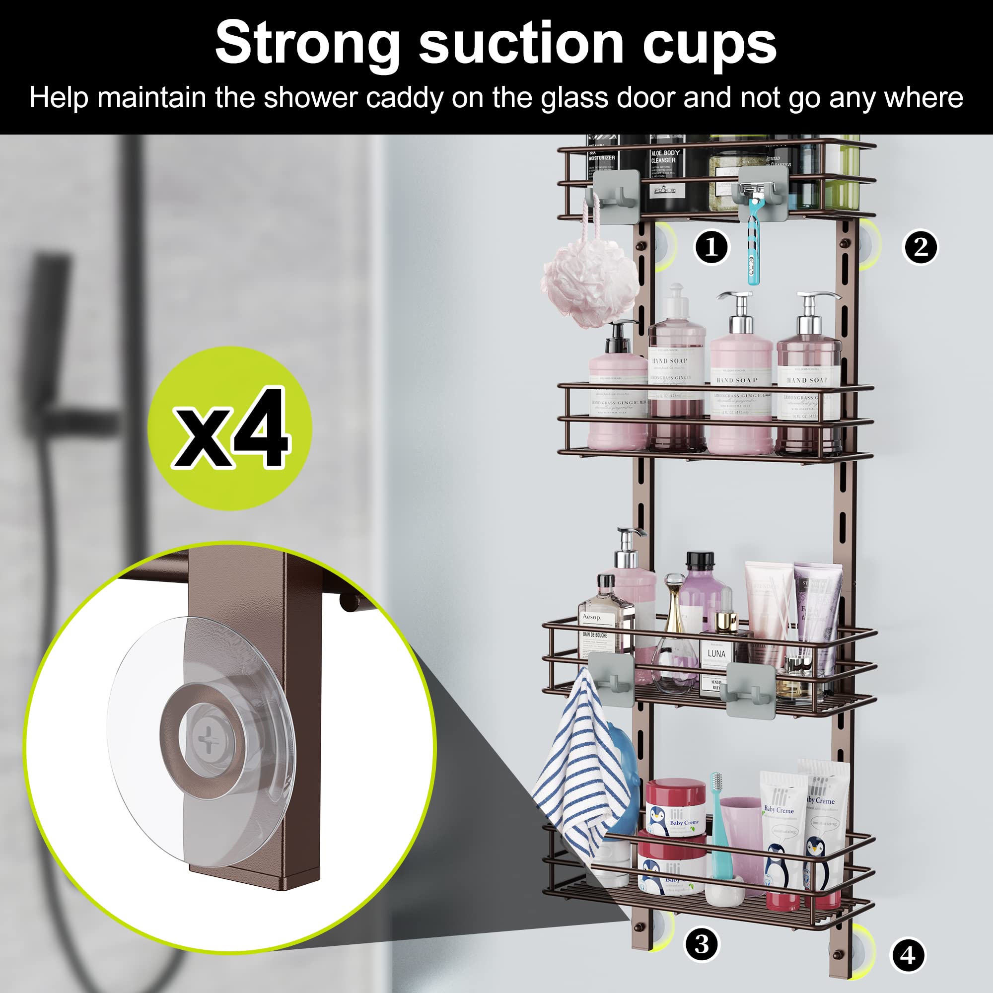 Orimade Over The Door Shower Caddy Adjustable 5 Tier Bronze,Bathroom Hanging Organizer Shelf Rustproof With 4 Hooks,Shower Baske
