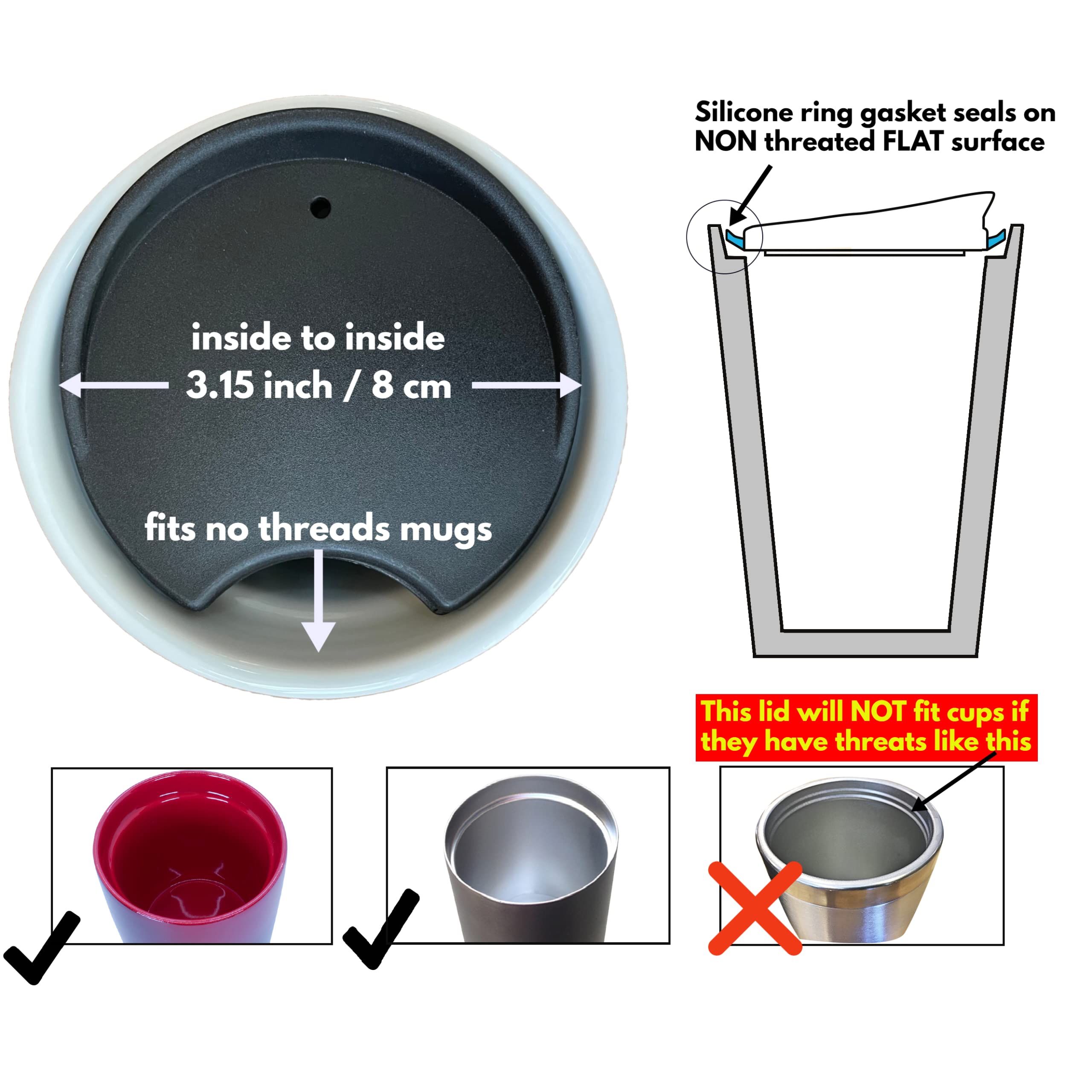 Mie Replacement Lid For Coffee Mug & Tea Cup - Competible With Starbucks Ceramic Travel Mug 10Oz / 12Oz / 16Oz, Tumbler Lid, Mug