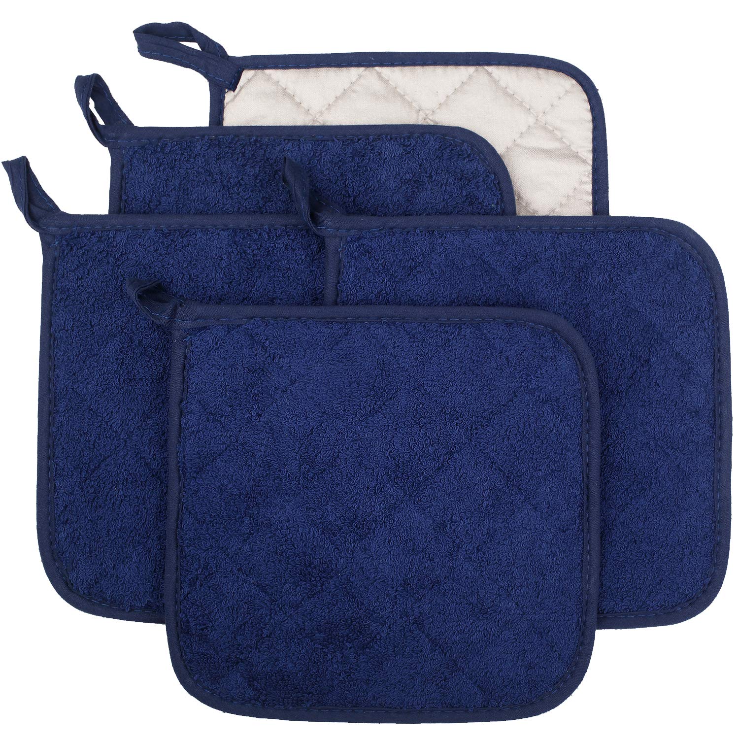 100% Cotton Kitchen Everyday Basic Terry Pot Holder Heat Resistant Coaster Potholder for Cooking and Baking Set of 5 Dark Blue