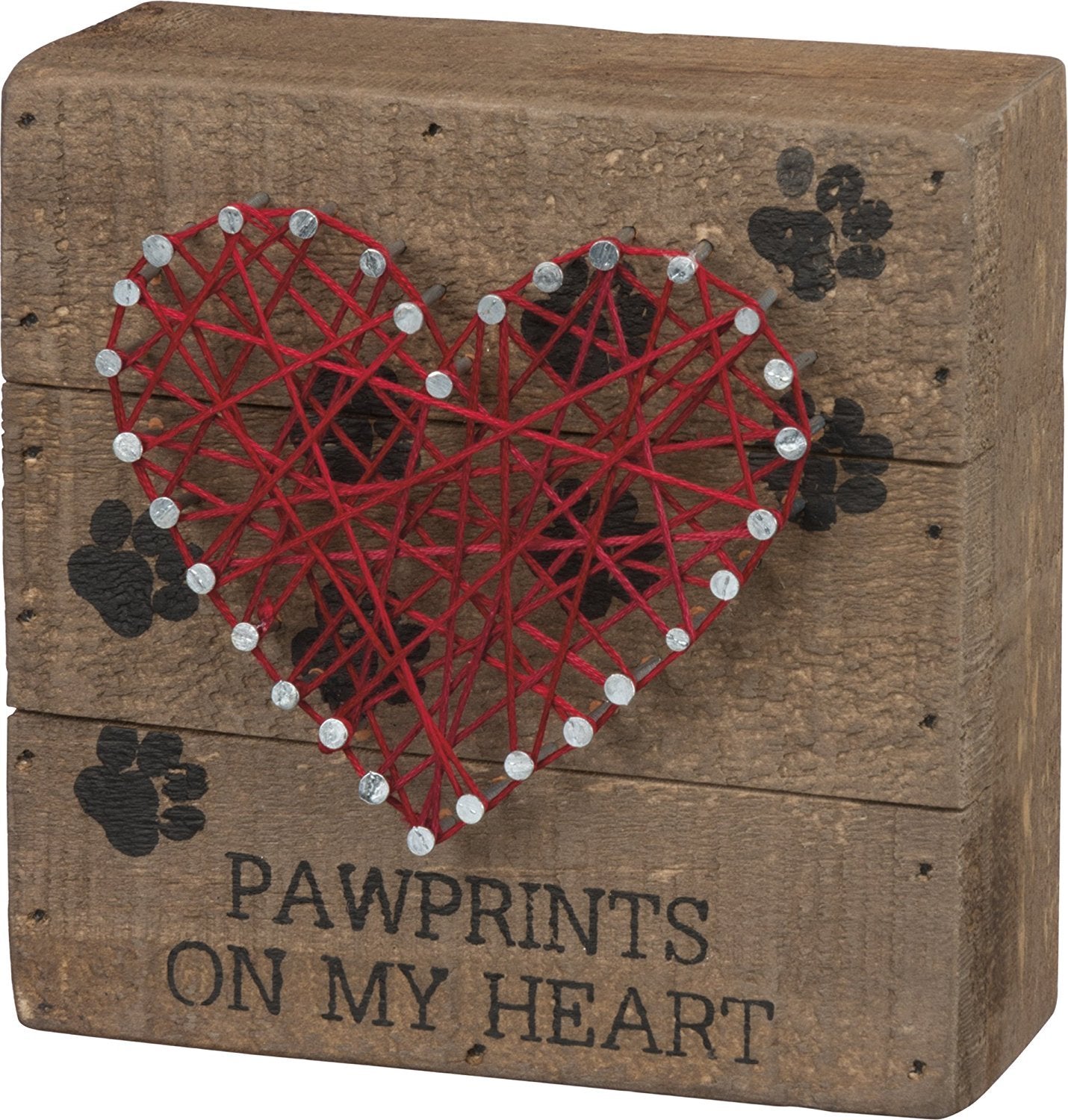 Primitives by Kathy Distressed Wood Slat Sign - Pawprints with Hand-Strung Heart, Wall Art & Desk Decor for Home