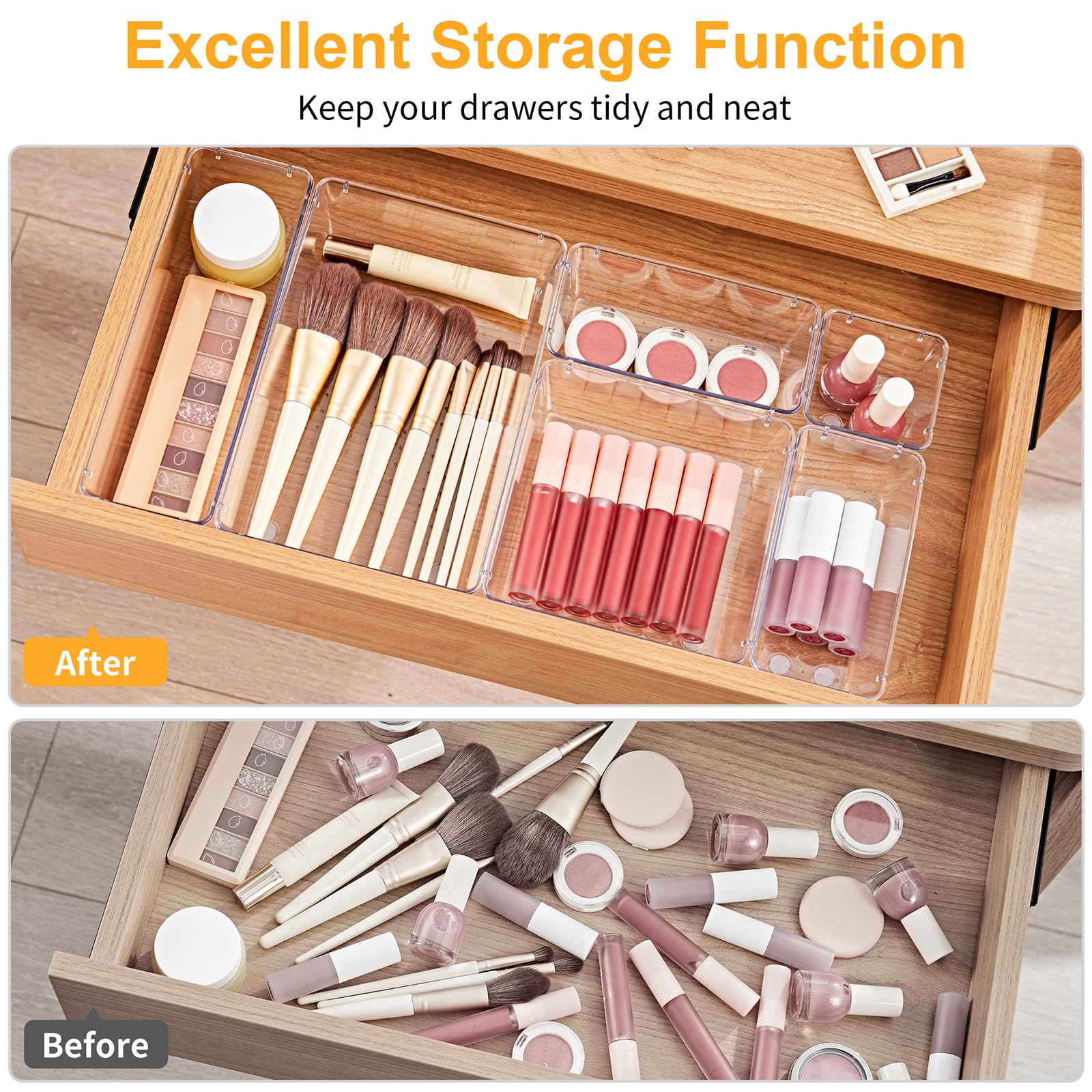 SMARTAKE 13-Piece Drawer Organizers with Non-Slip Silicone Pads, 5-Size Desk Drawer Organizer Trays Storage Tray for Makeup, Jew