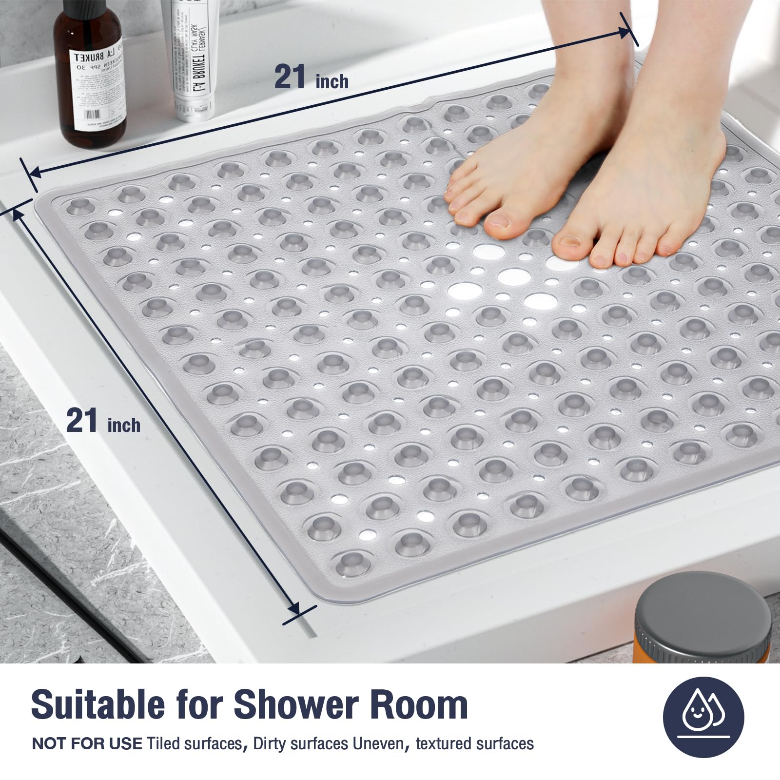 Naoloture Square Shower Bathtub Mat Non Slip For Inside Shower Clear Grey 21X21 Inch, Shower Stall Mats For Bathroom Floor, Soft
