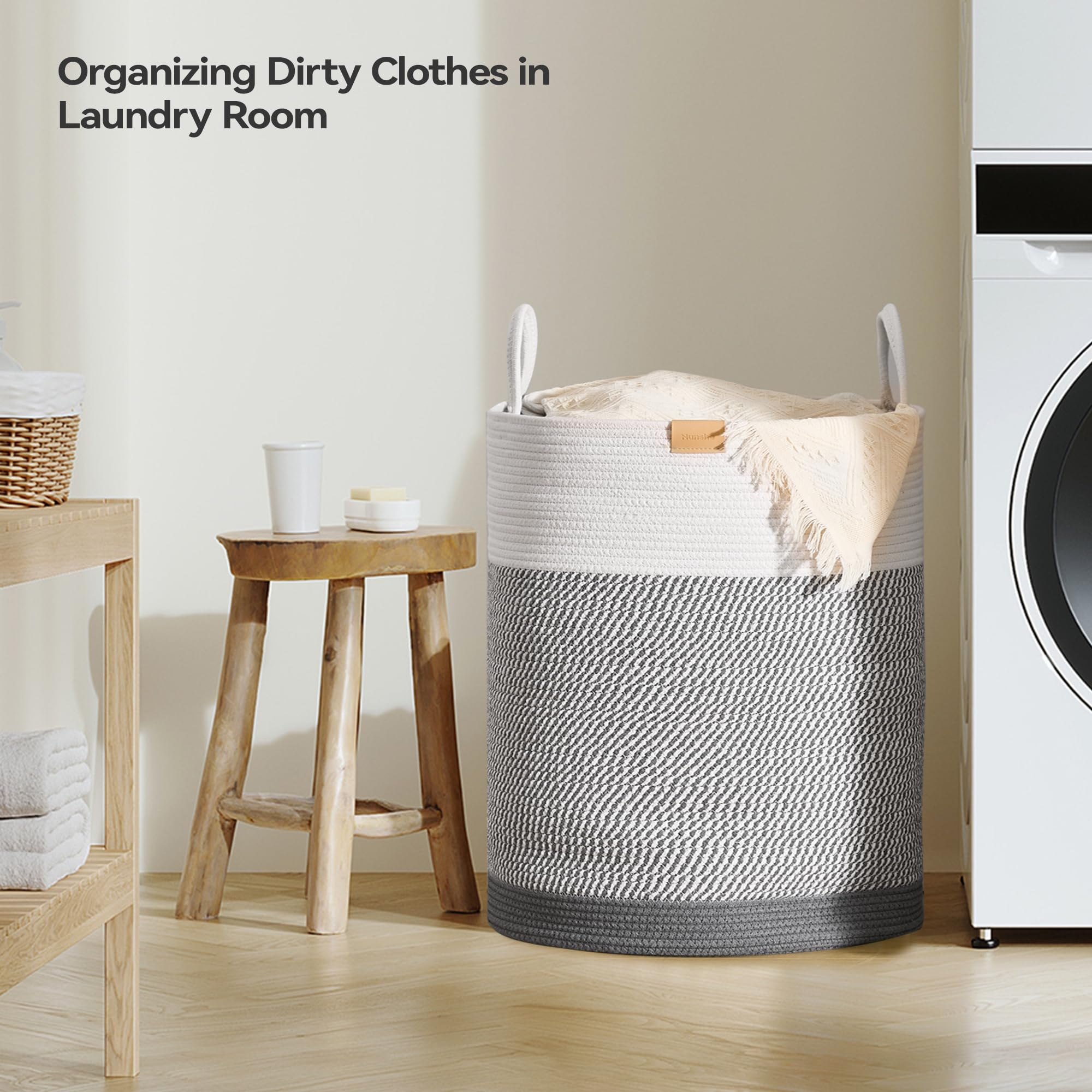 Nunsino 95L Laundry Hamper Basket,Baby Nursery Woven Storage Basket For Toys Bin,Pillows,Blankets,Clothes,Grey&White