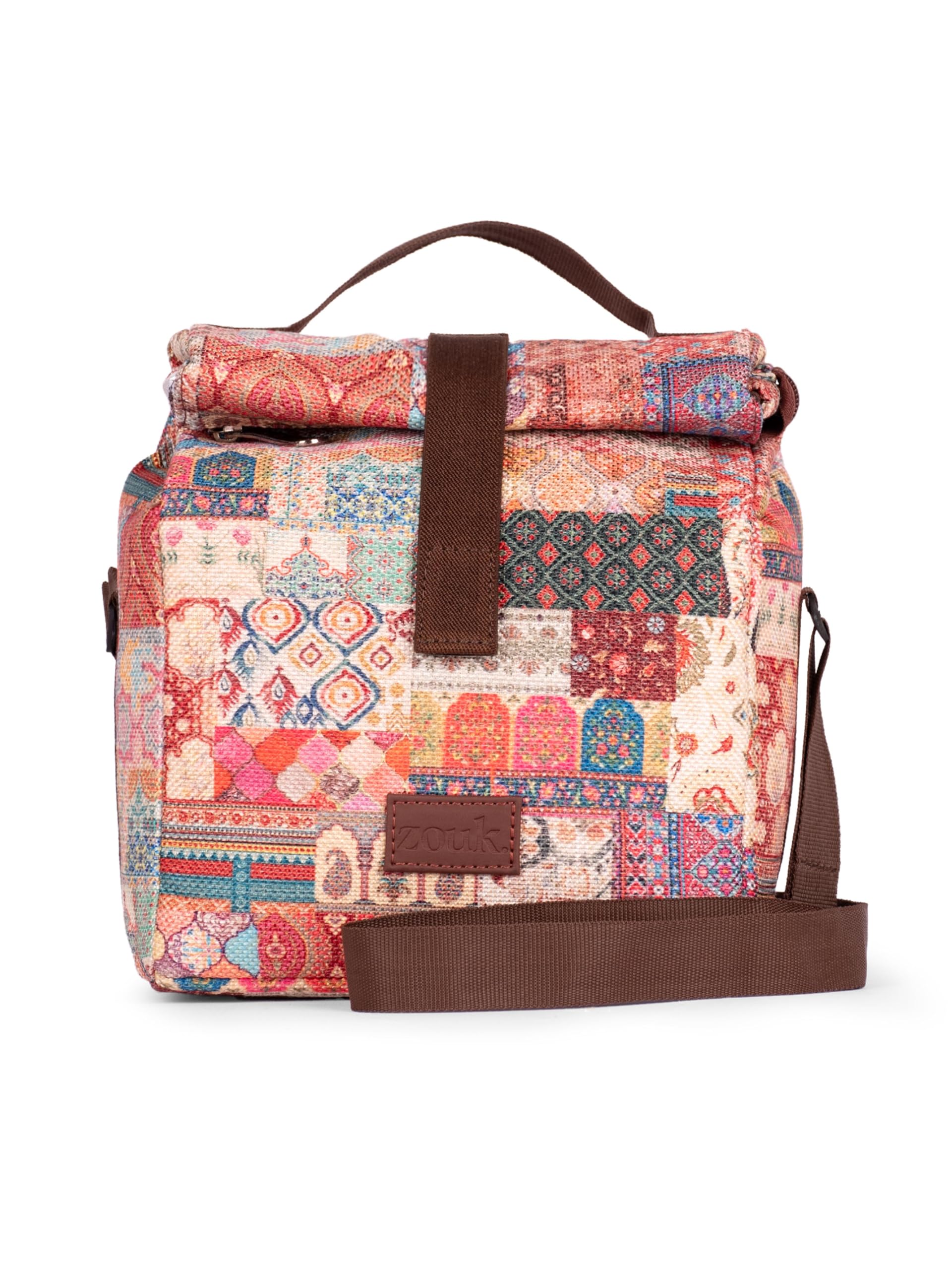 Zouk Kutch Gamthi Abstract Printed Multicolor Insulated Roll Up Lunch Bag,Cotton, 7 Litres