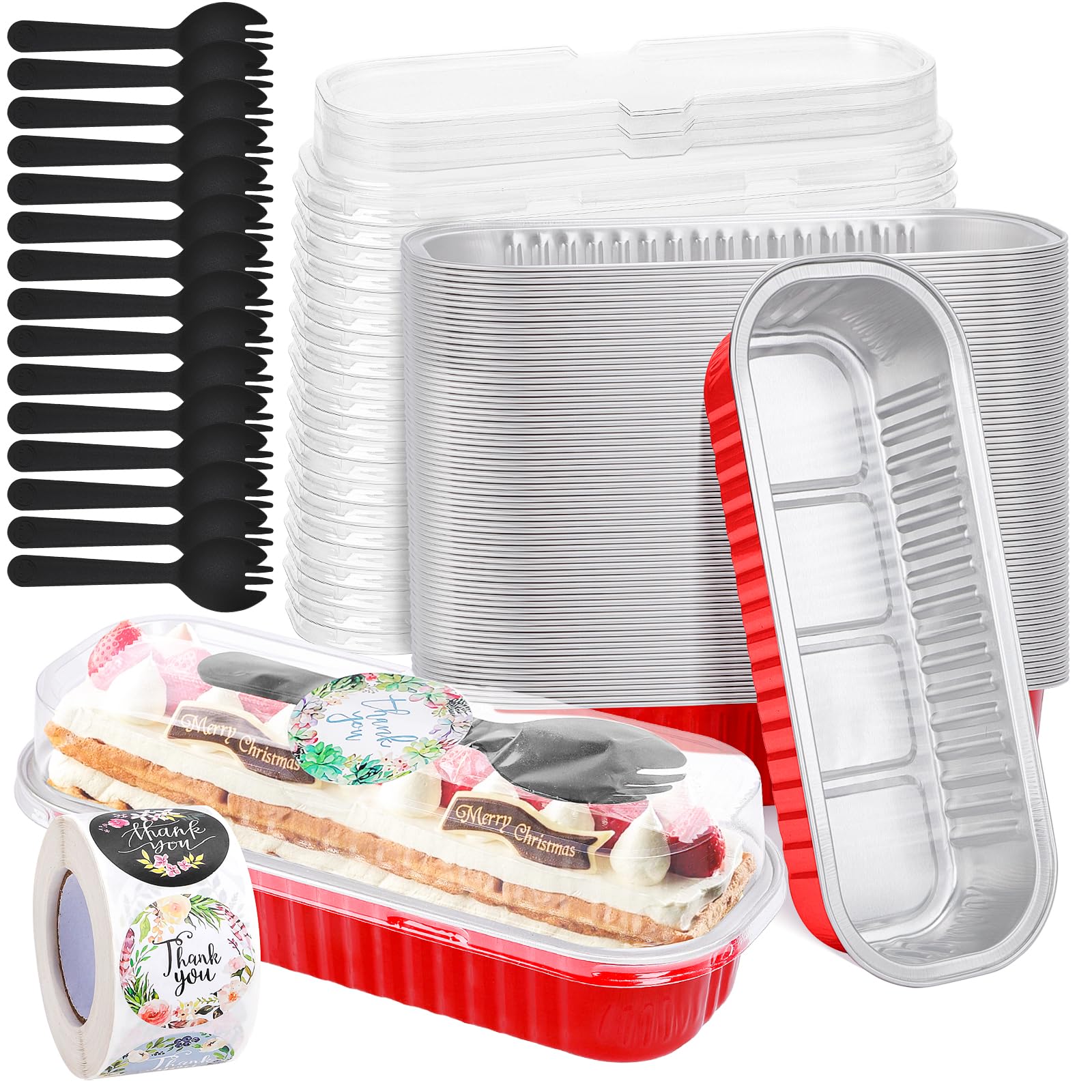 ylnurac 25Pack 6.8Oz Mini Cake Pans Disposable Mini Loaf Pans with Lids and Spoons and Stickers, Aluminum Pans for Baking Bread,