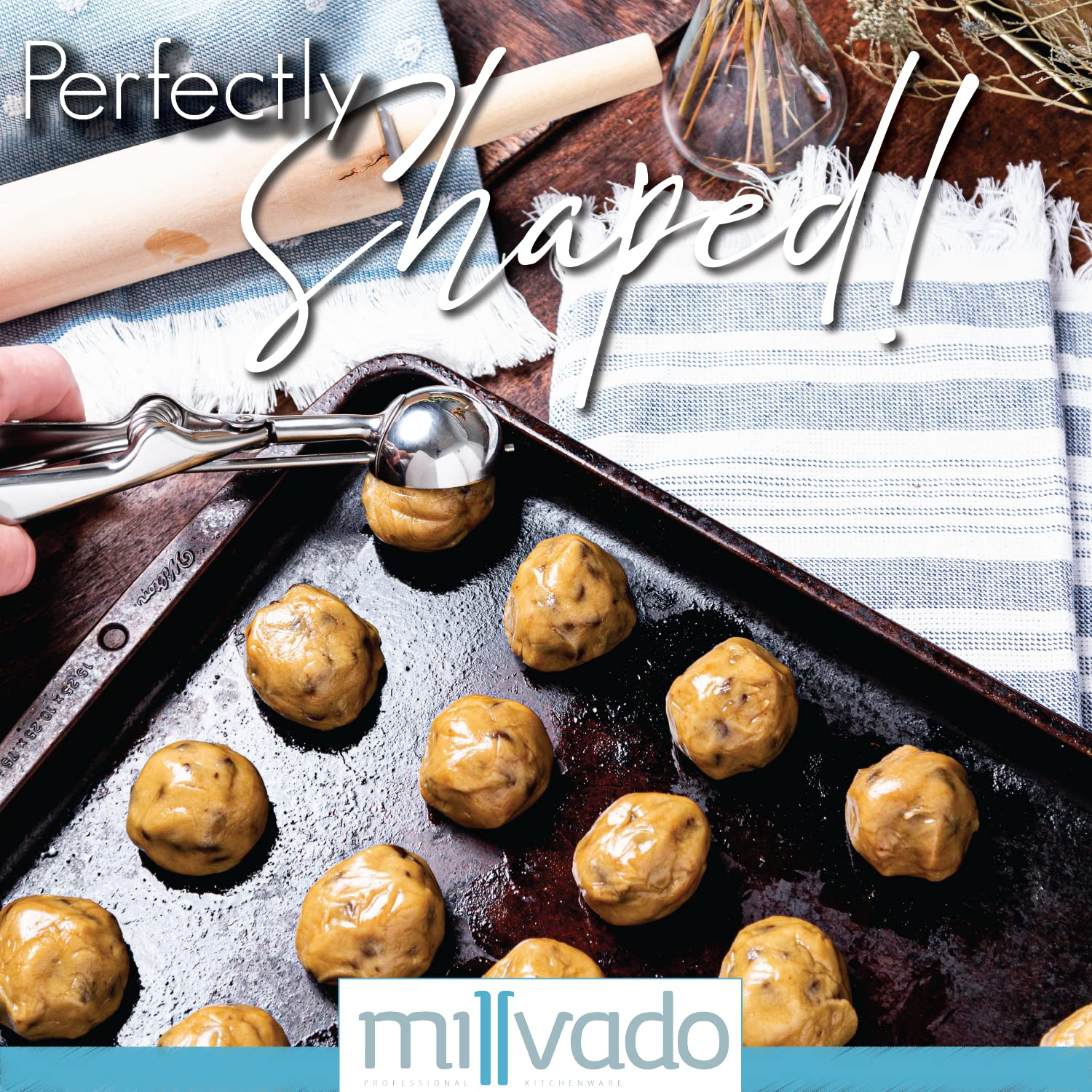 Millvado Stainless Steel Ice Cream And Cookie Scoop | Spring Loaded Lever Design, For Sorbet, Melon, Meatballs, Muffins, And Mor