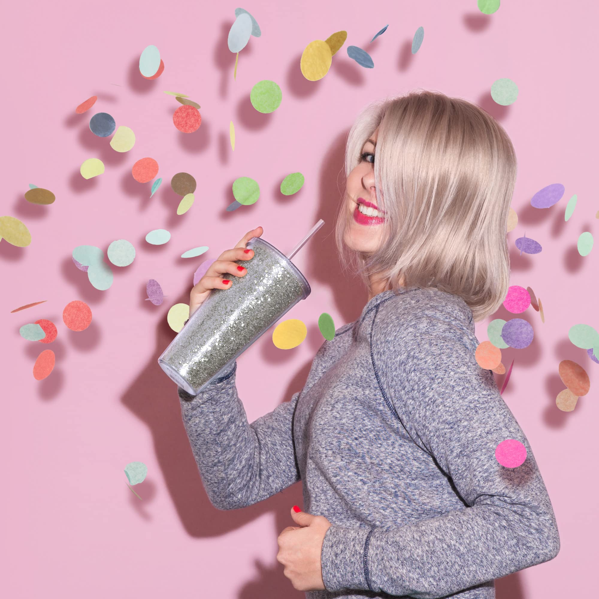 Blush Glam Double Walled Glitter Acrylic Plastic Lid And Straw Reusable Cups For Smoothie, Iced Coffee Tumblers, 24 Oz, Set Of 1