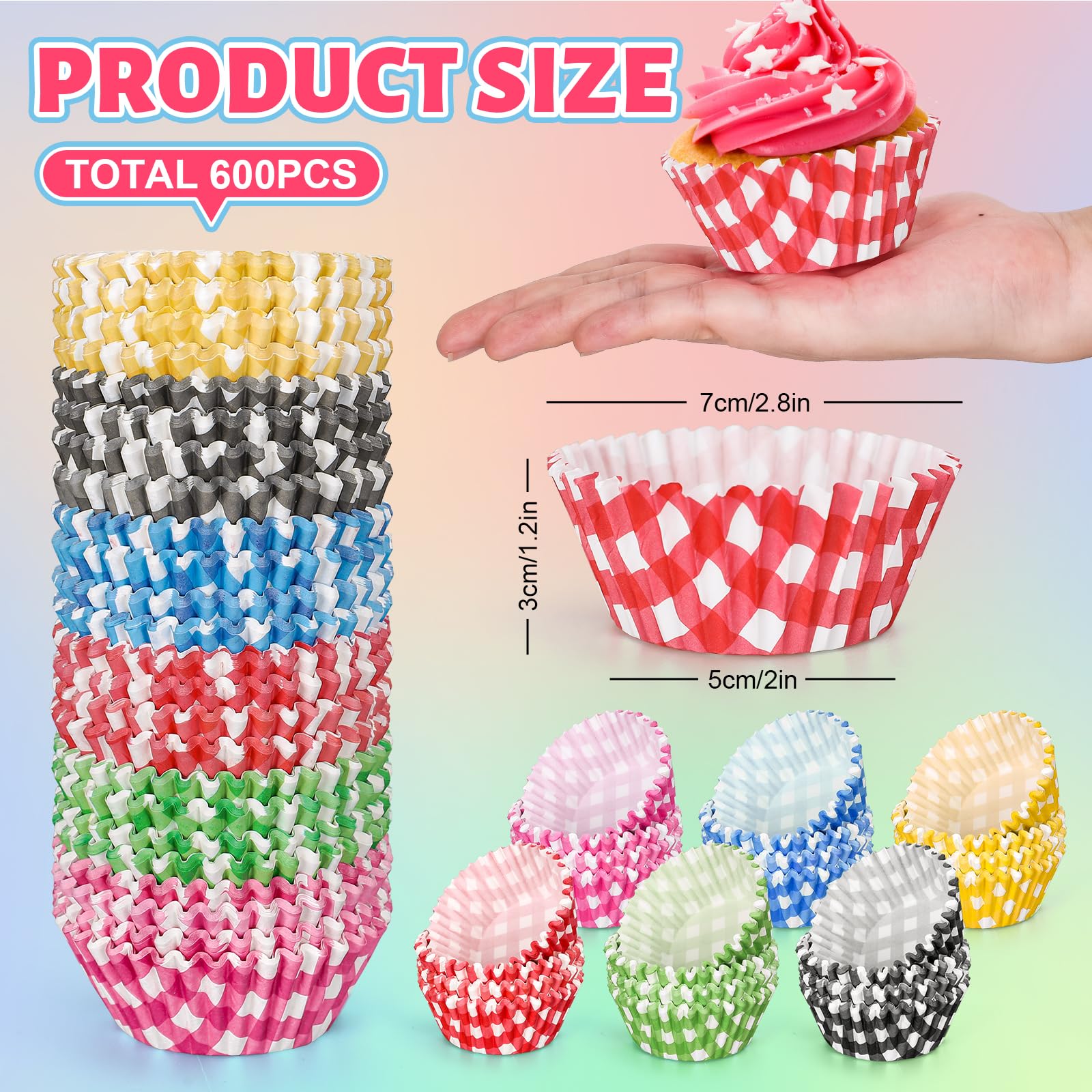 Whaline 600Pcs Buffalo Plaid Cupcake Liners Colorful Gingham Cupcake Wrappers Checkered Baking Cups Muffin Baking Liners For Bab