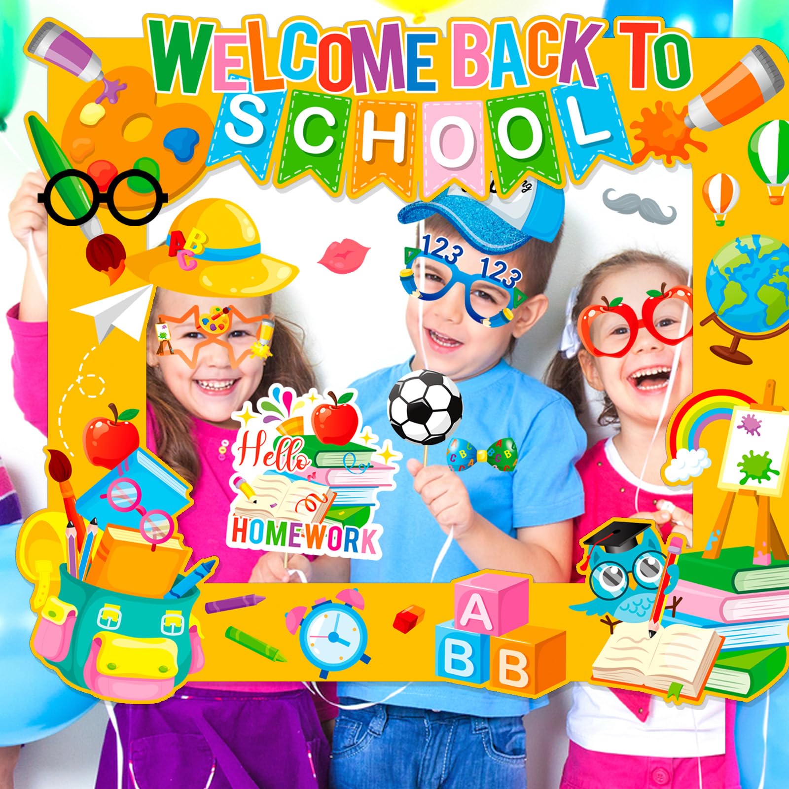 Howaf Back To School Photo Booth Props Kit, 1 Welcome Back School Photo Booth Frame 25Pcs First Day Of School Selfie Props Kit,