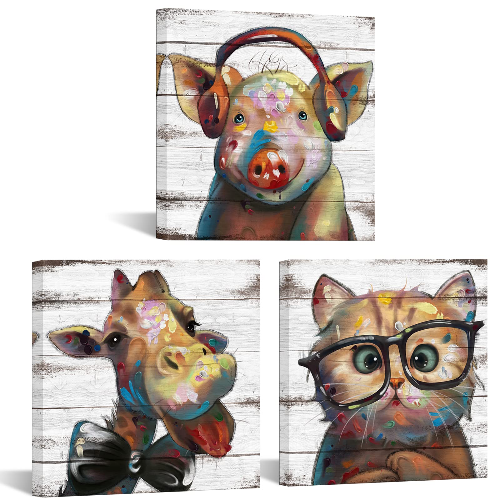 Visual Art Decor Funny Animal Wall Art Giraffe Pig Cat Decor Pictures, Framed Canvas Artwork Nursery Wall Decor, Home Office Kid