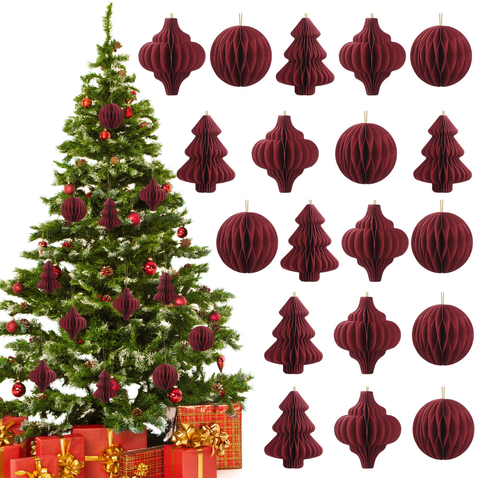 15 Pcs Burgundy Christmas Tree Decorations 3D Mini Paper Honeycomb Lantern Hanging Ornaments for Christmas Tree Xmas Party New Y
