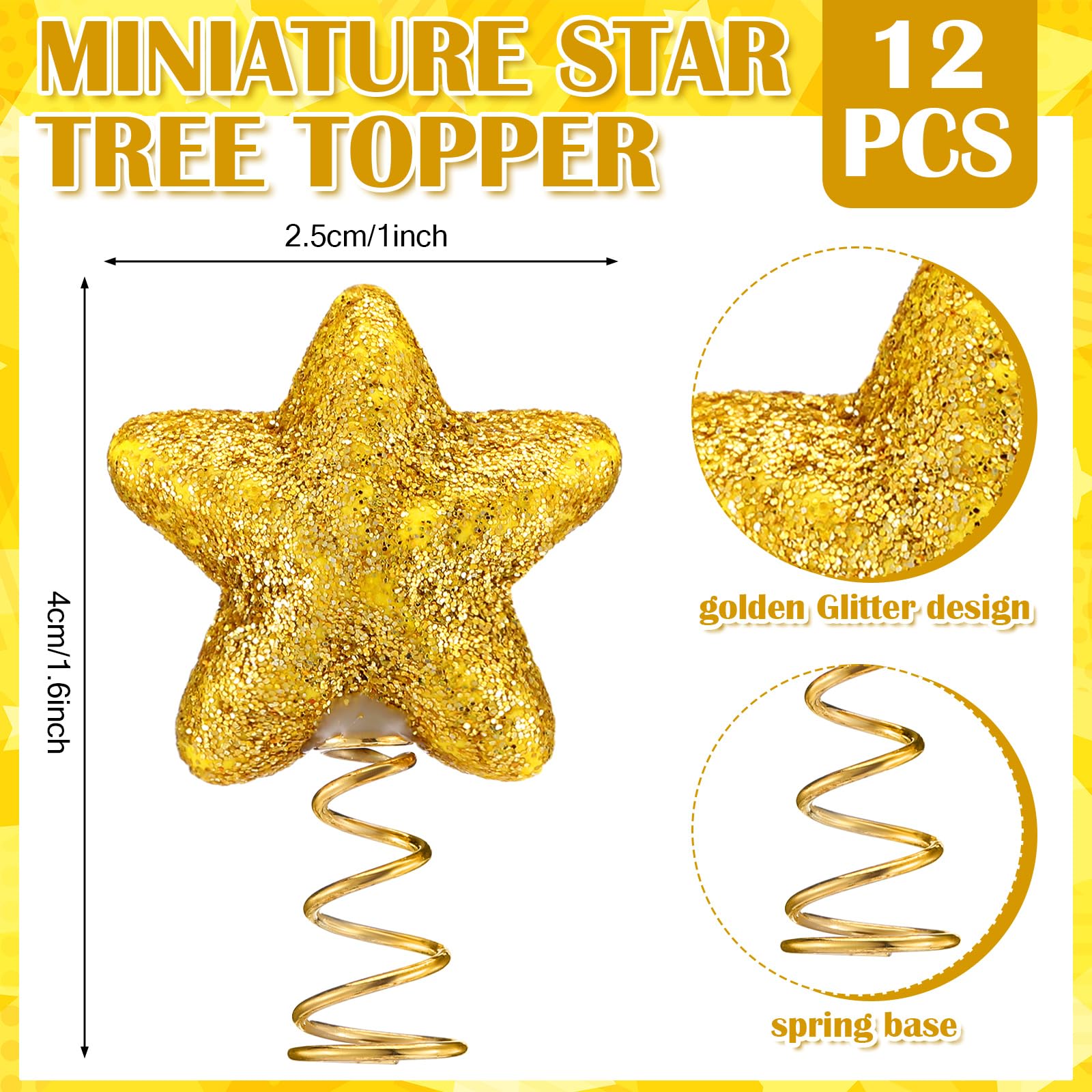 Soulchen 12 Pcs Mini Star Christmas Tree Toppers, 1.6 x 1 Inch Glitter Star Miniature Tree Topper Treetop Ornaments for Xmas Par