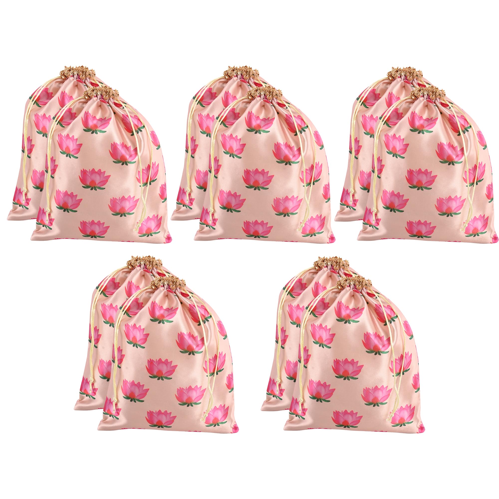 Kuber Industries Pack Of 10 Polyester Potli Bags|7X9 Inch|Return Gifts|Wedding-Party|Drawstring Closure|Wallet|Baby Shower|Lotus