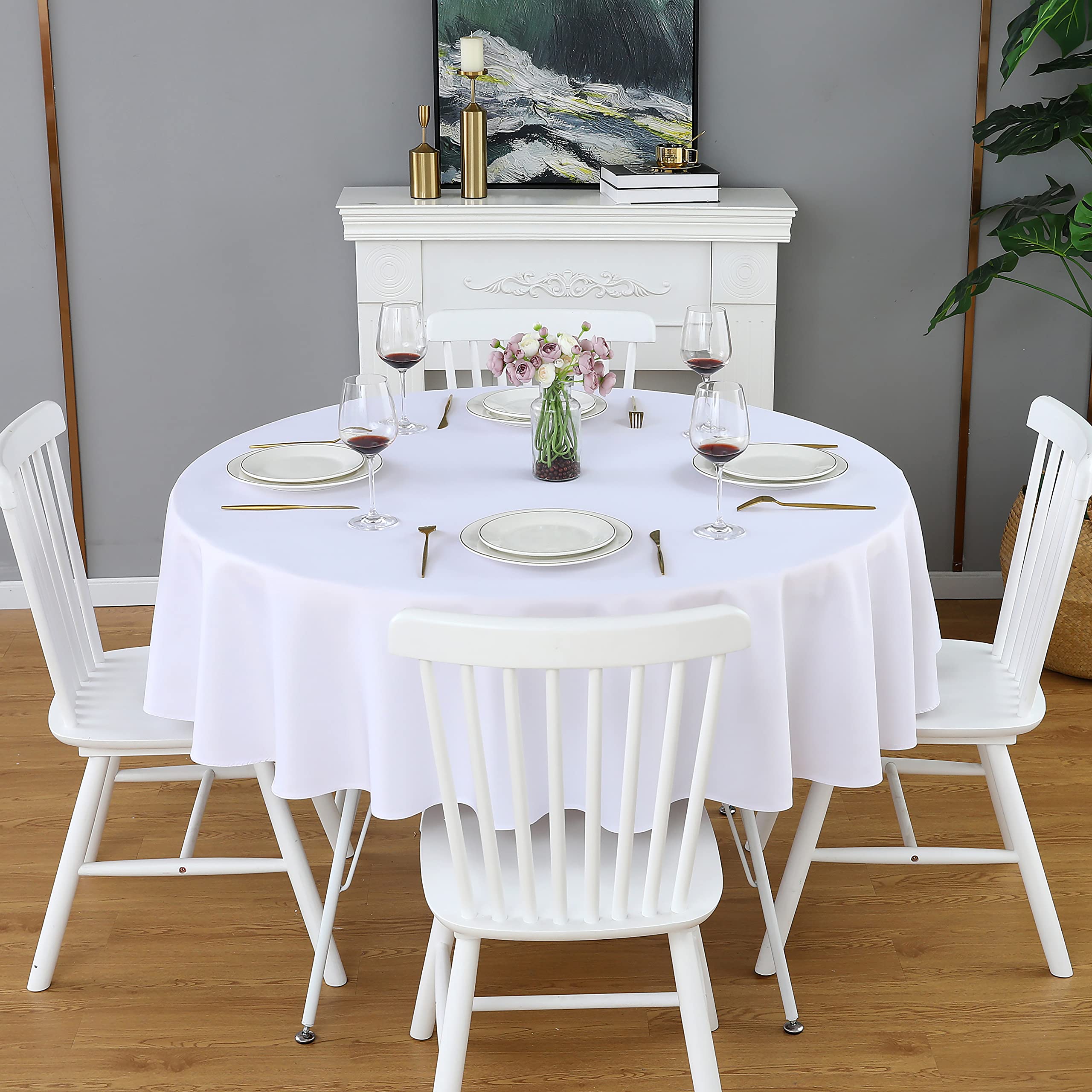 Folins&Home White Round Tablecloth 60 Inch Waterproof Heavy Duty Wrinkle Free Polyester Fabric Table Cloth, Spillproof Washable